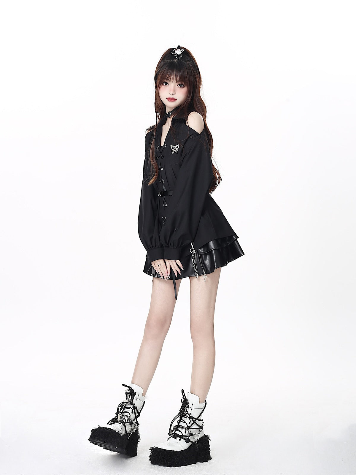 Long shirt with off-the-shoulder straps