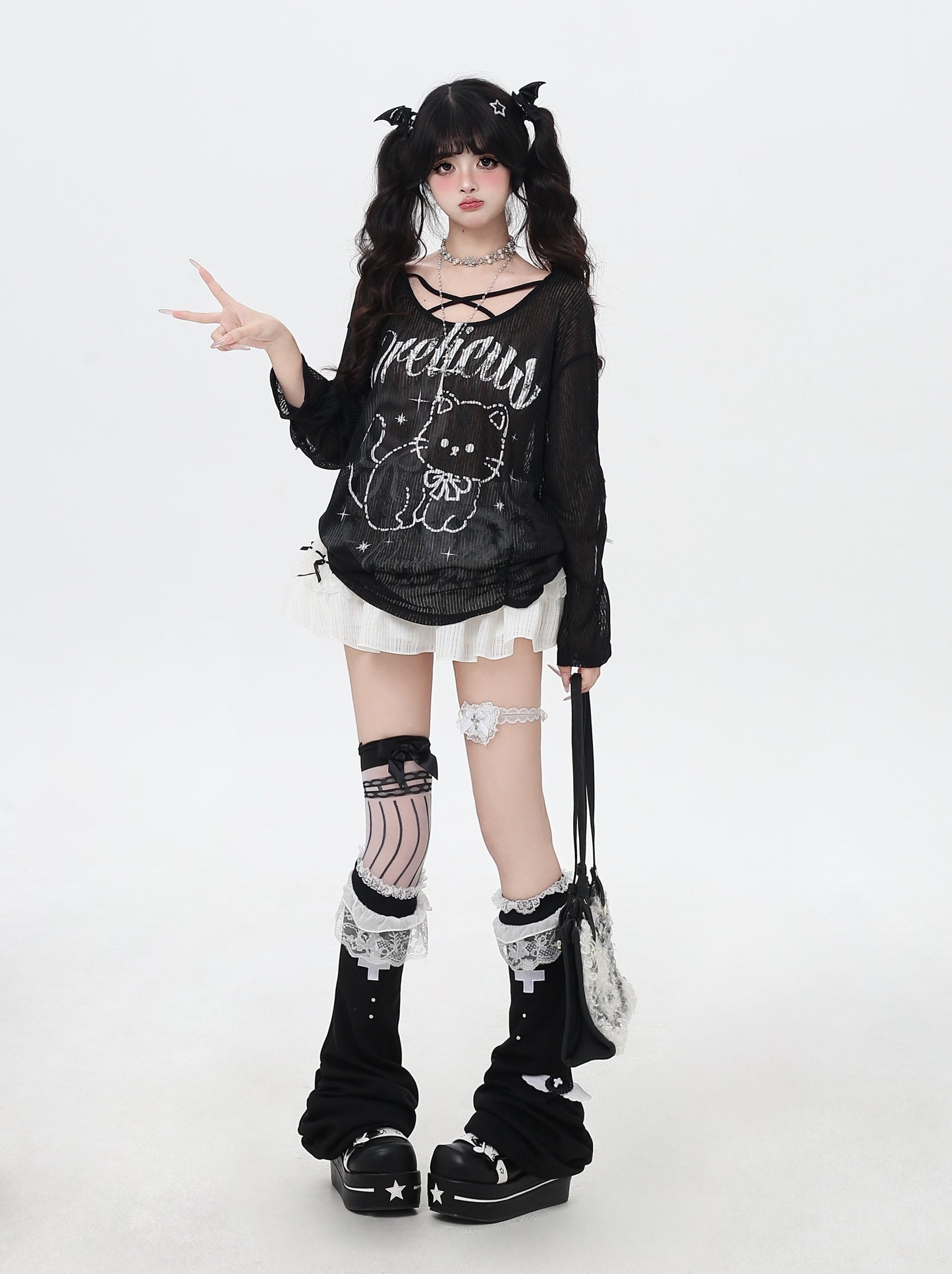 クロスリボン×猫柄シアートップス