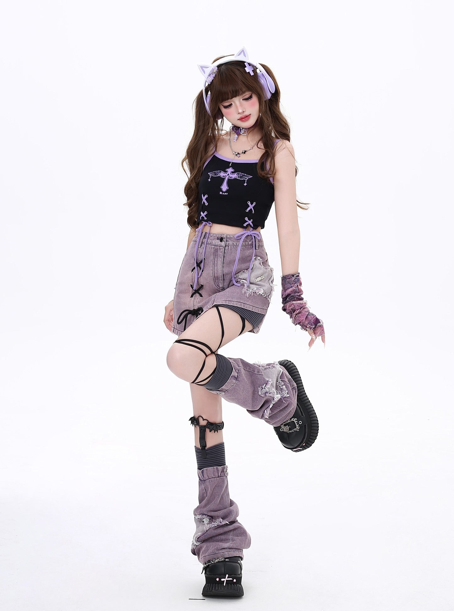星柄ハイウエストリボンデニムミニスカート