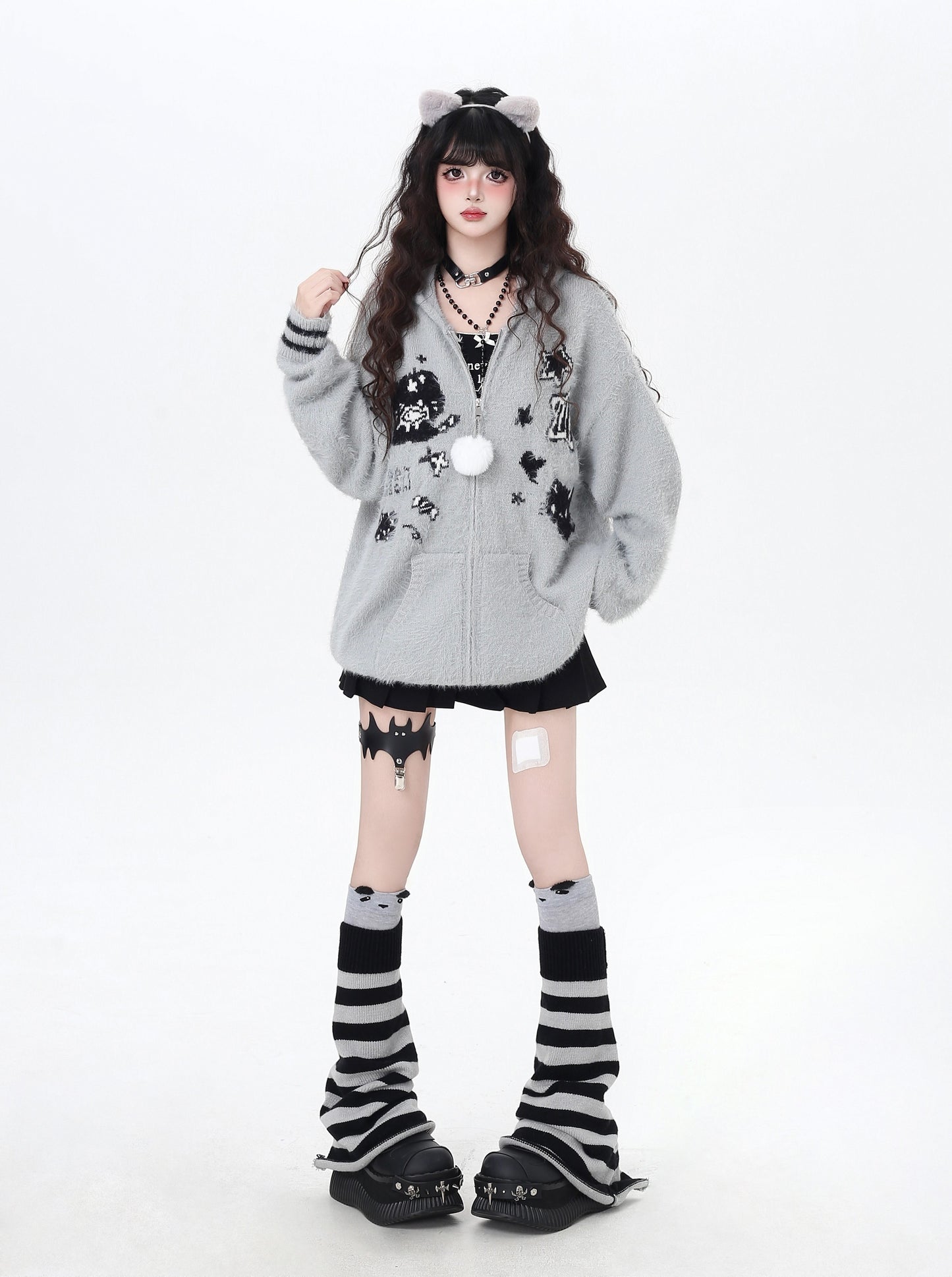 うさ耳フーディー付きゆるカワカーディガン秋冬