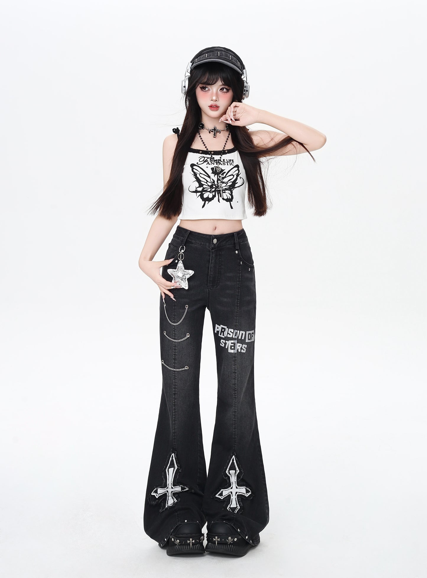 オリジナル甘辛Y2Kチェーンハイウエストデニムフレアパンツ