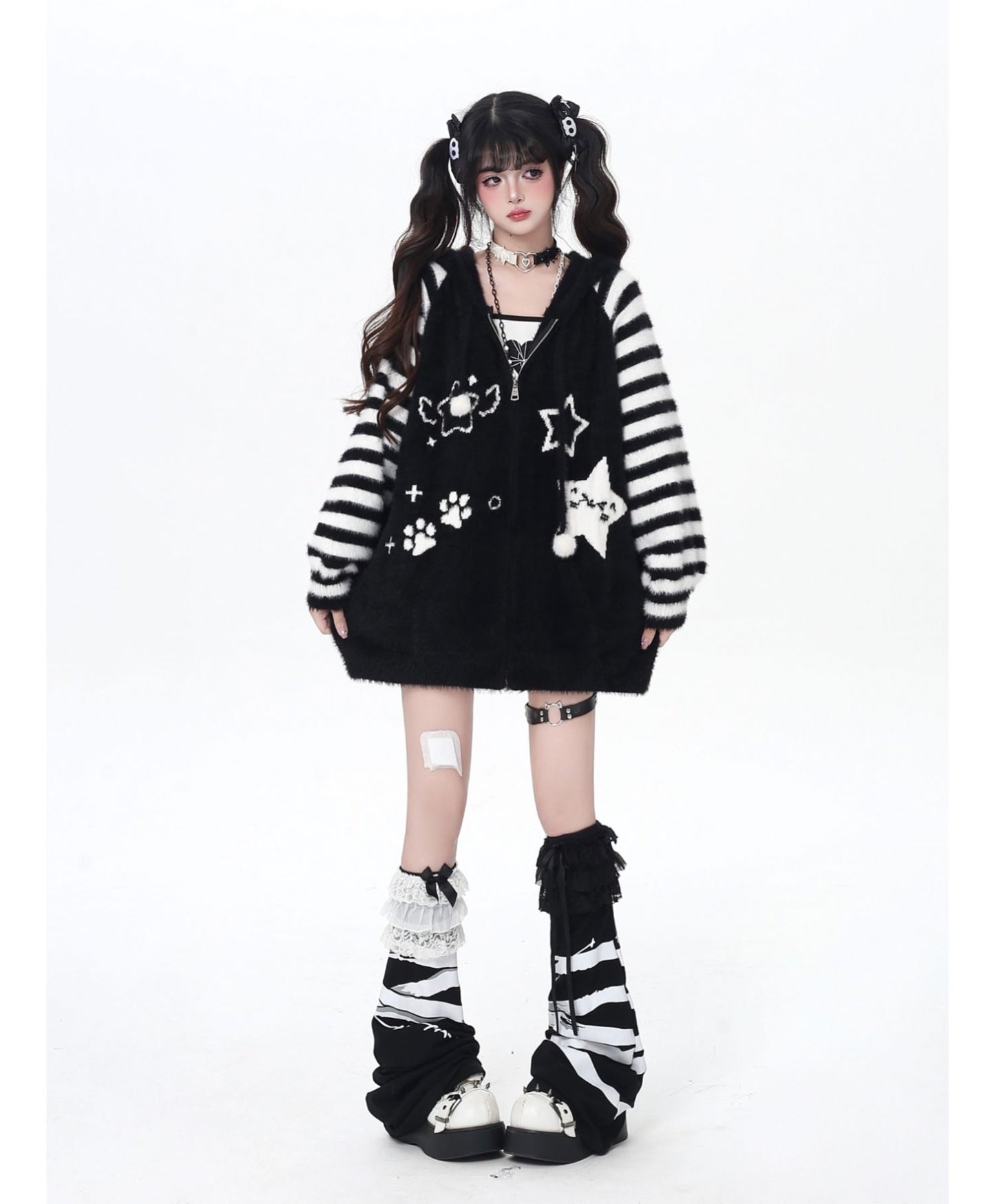 星柄ボーダーVネックフーディーニットカーデ