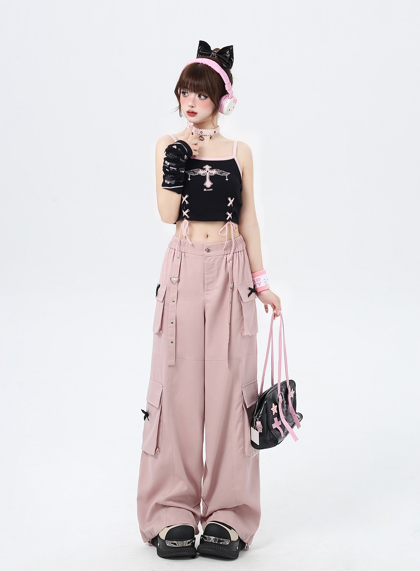 リボン付きのストレートワイドレッグワークパンツ