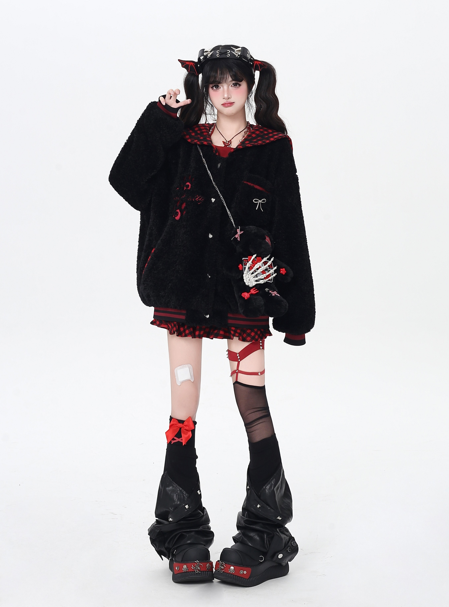 チェックセーラー襟ボアジャケット