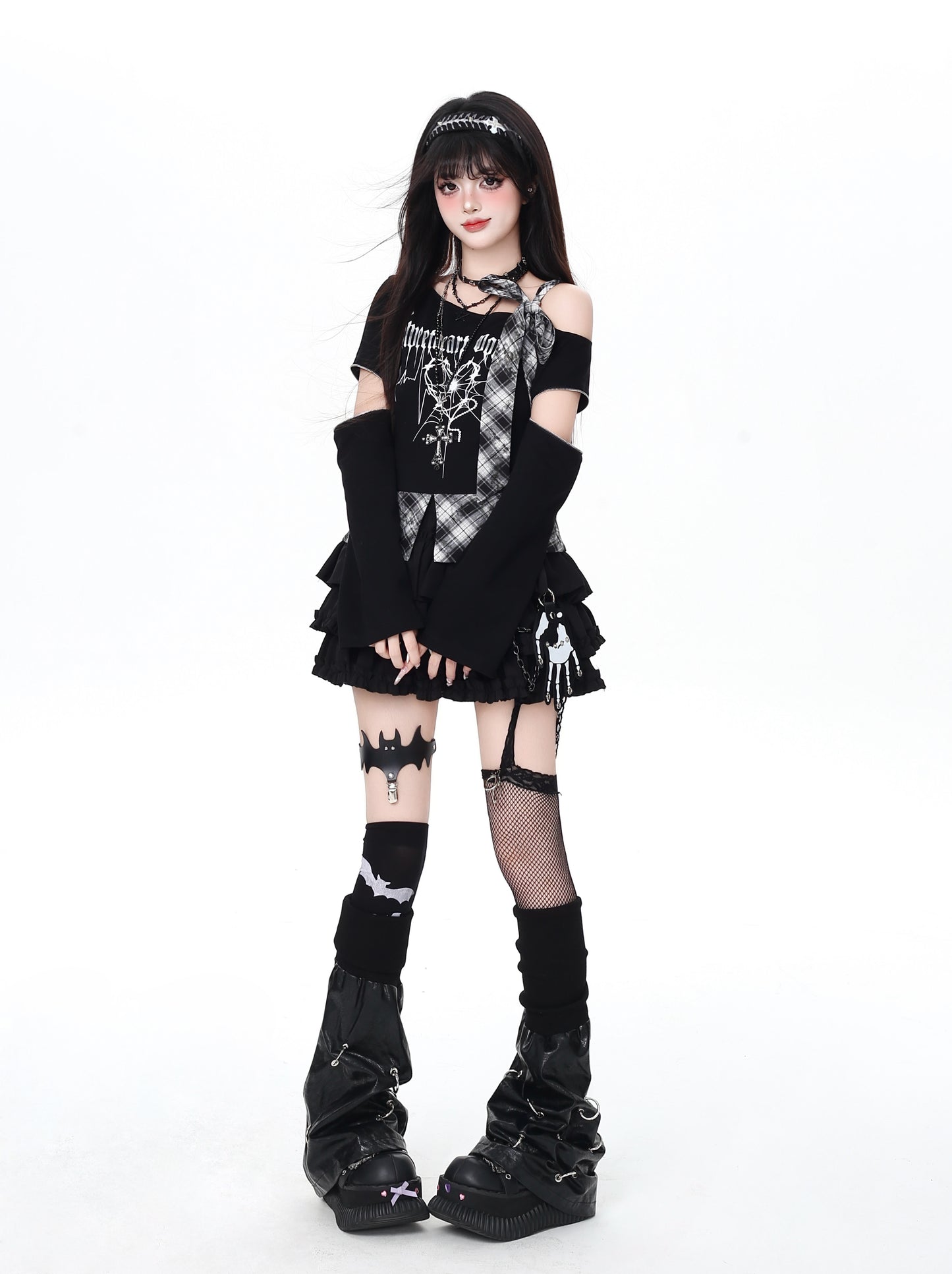 甘辛ミックスチェック切替肩出し細見えガーリーTシャツ