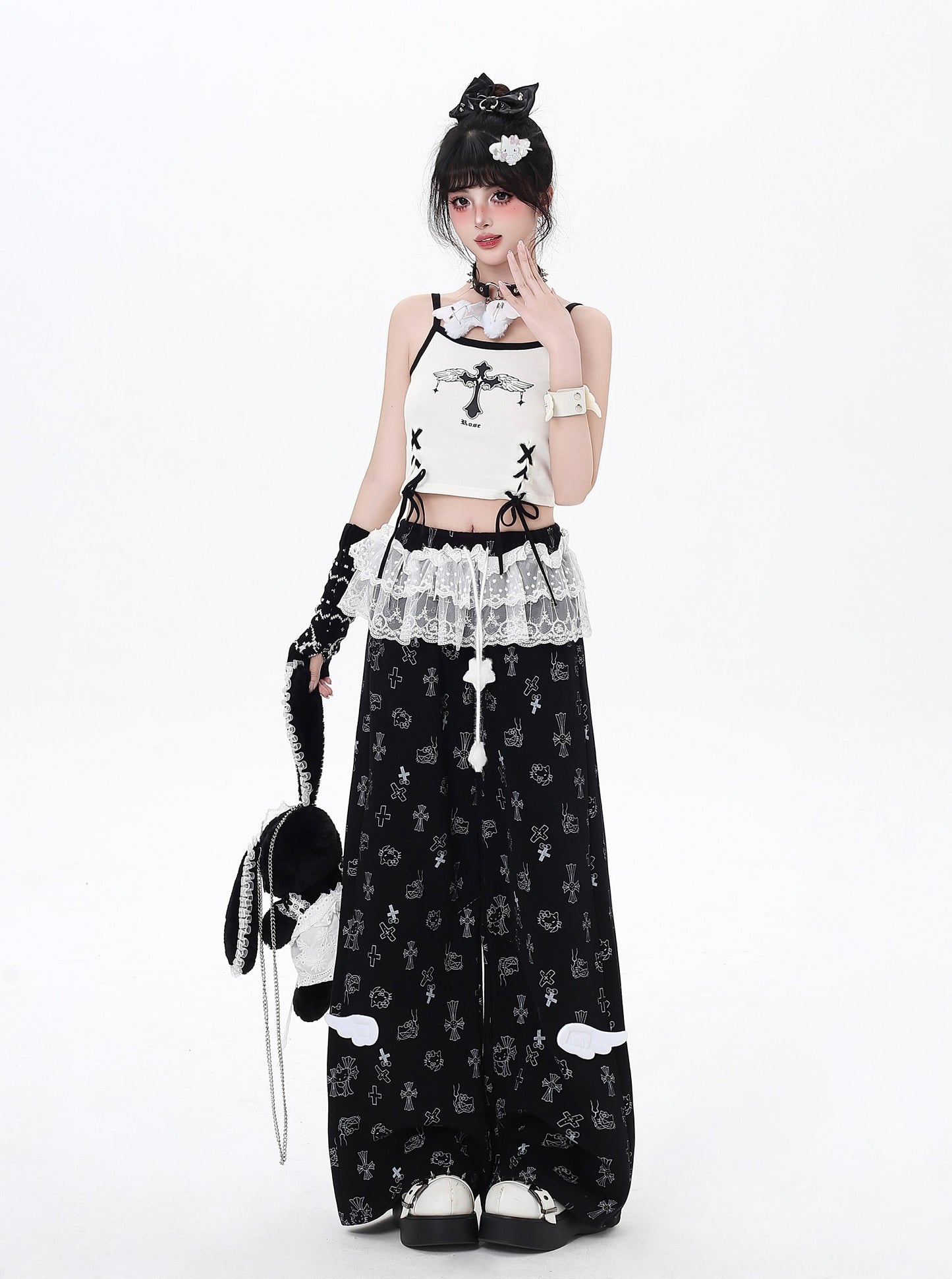 猫柄レーススウェットパンツ🖤ゆる甘ストリート