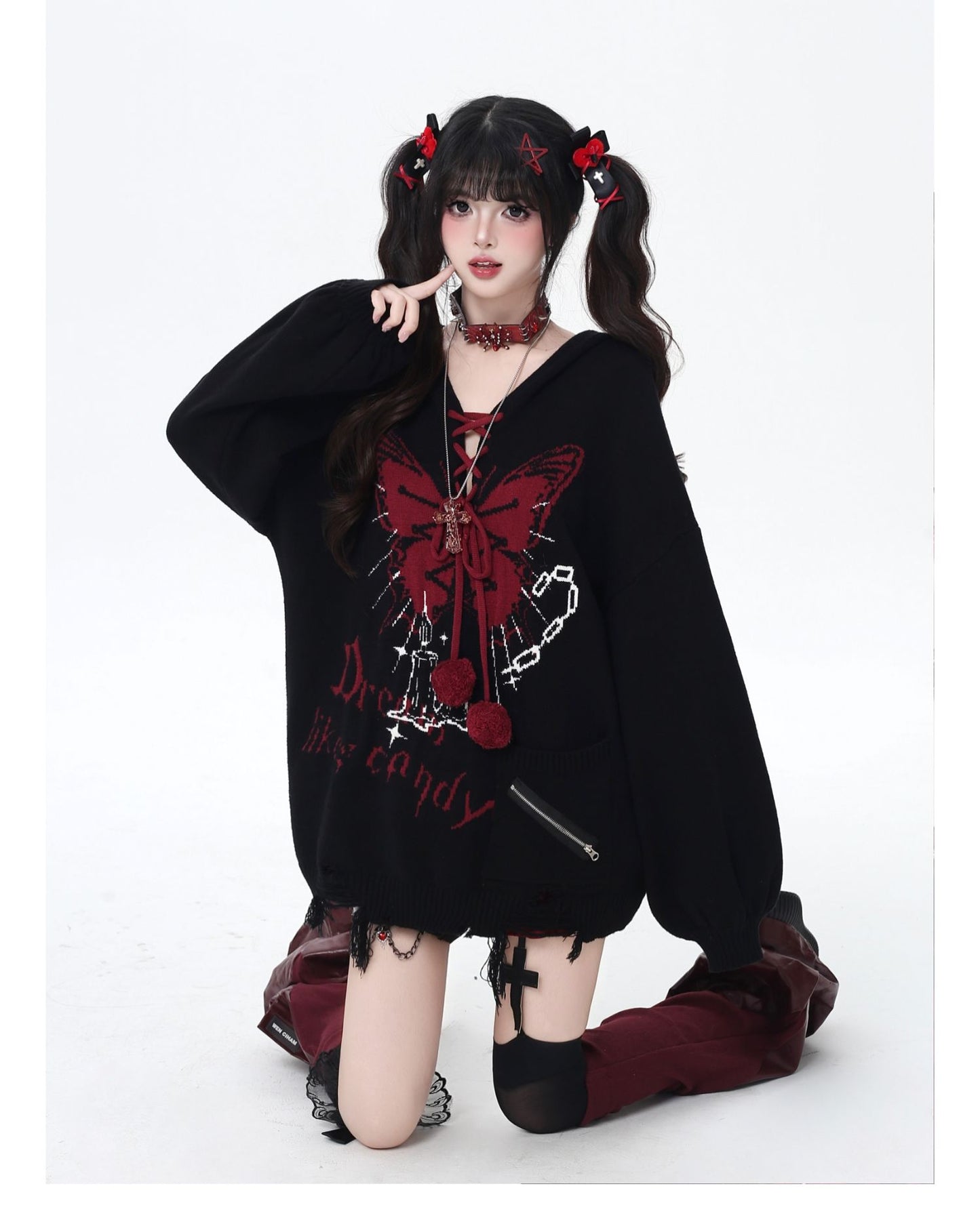 🦋Vネックリボンフーディゆる甘ニットカーデ