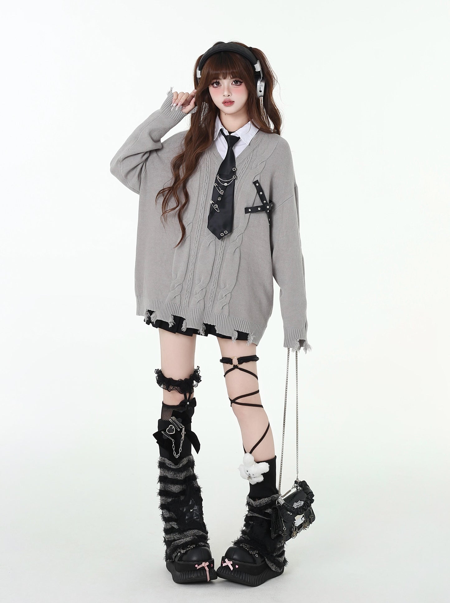 学院系シャツ風フェイクレイヤードニットトップス