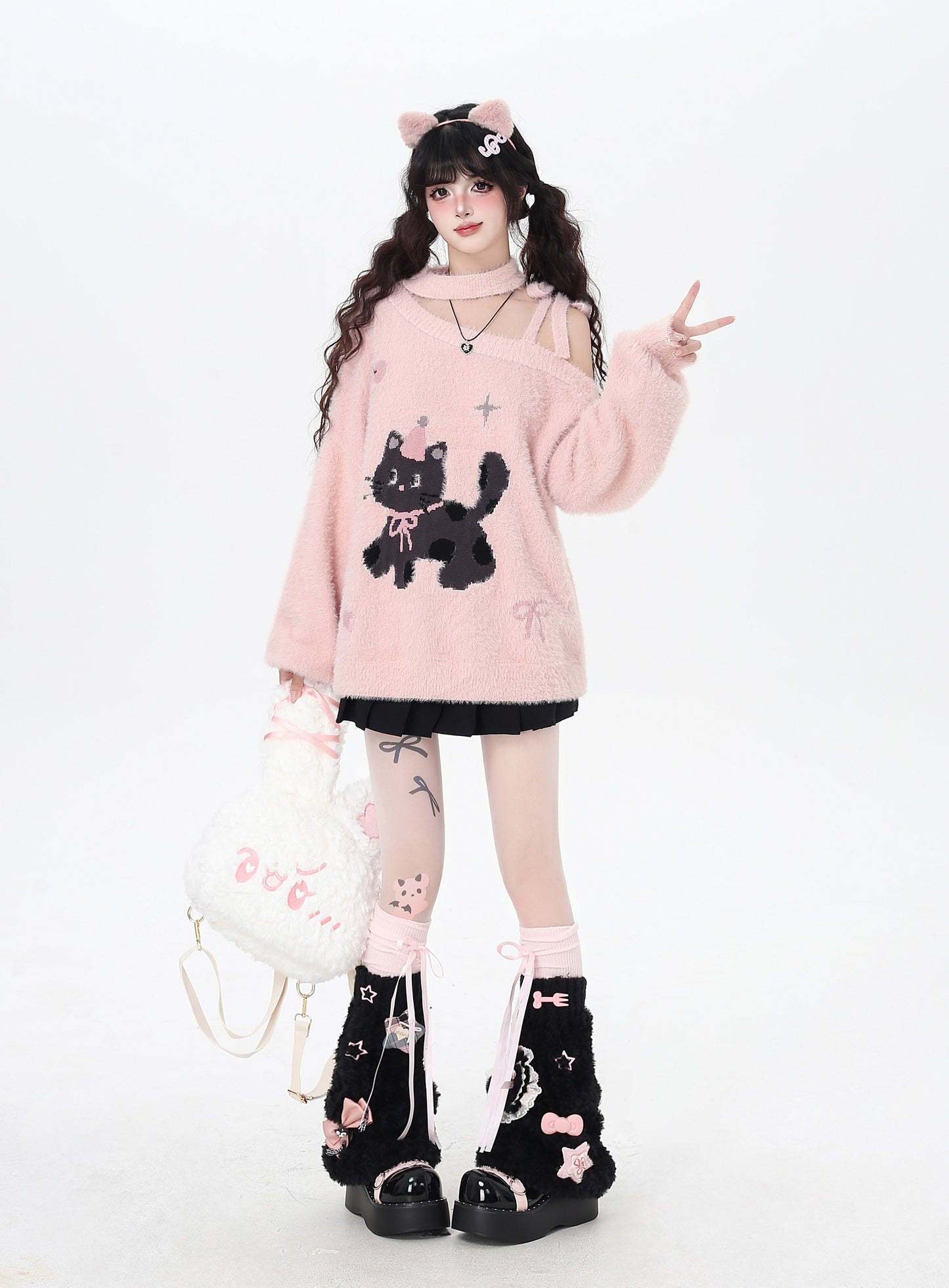 ねこ刺繍オフショルふわもこニット|ガーリースタイル