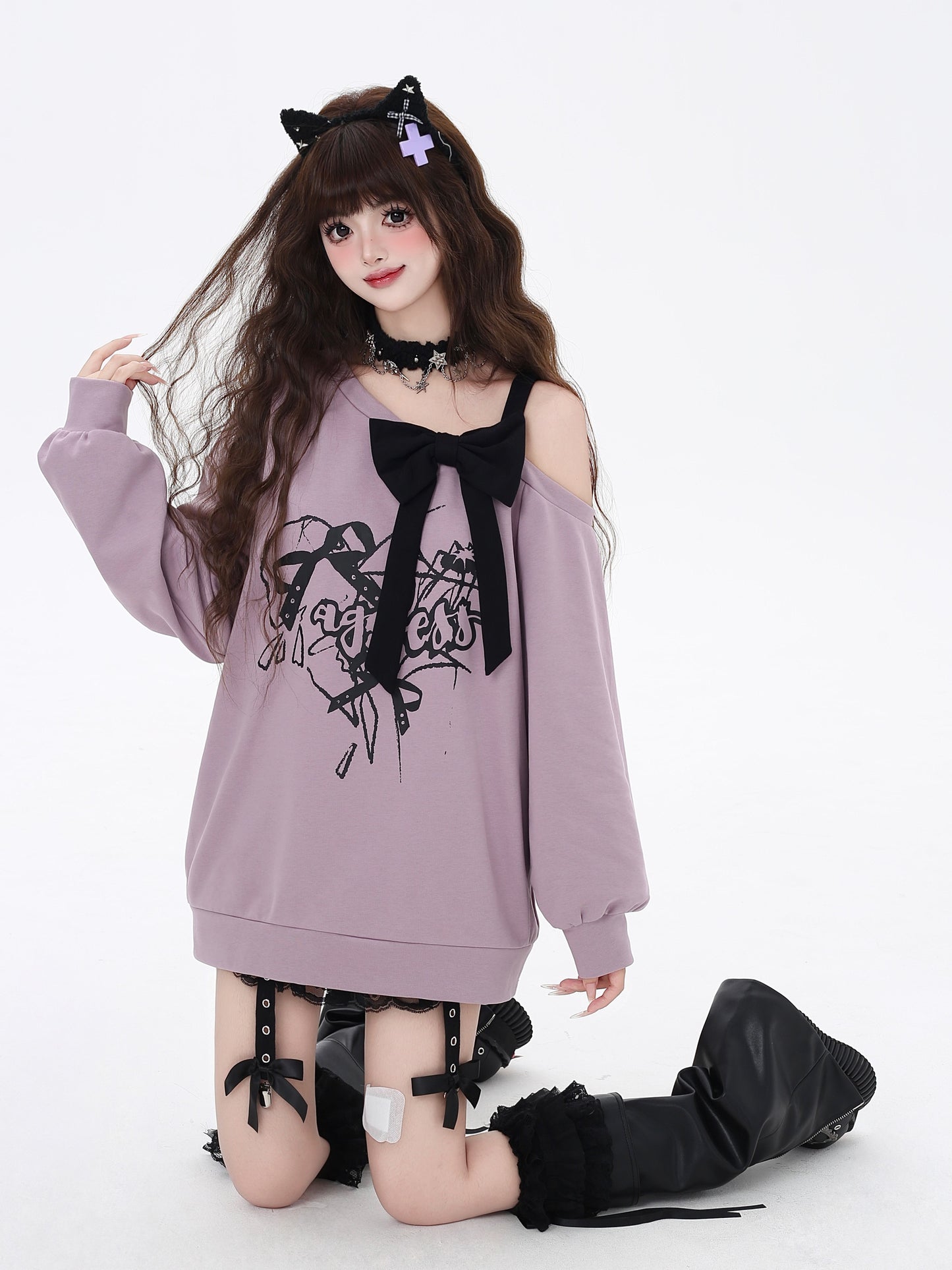 黒紫ビッグリボン露肩ロングスウェット