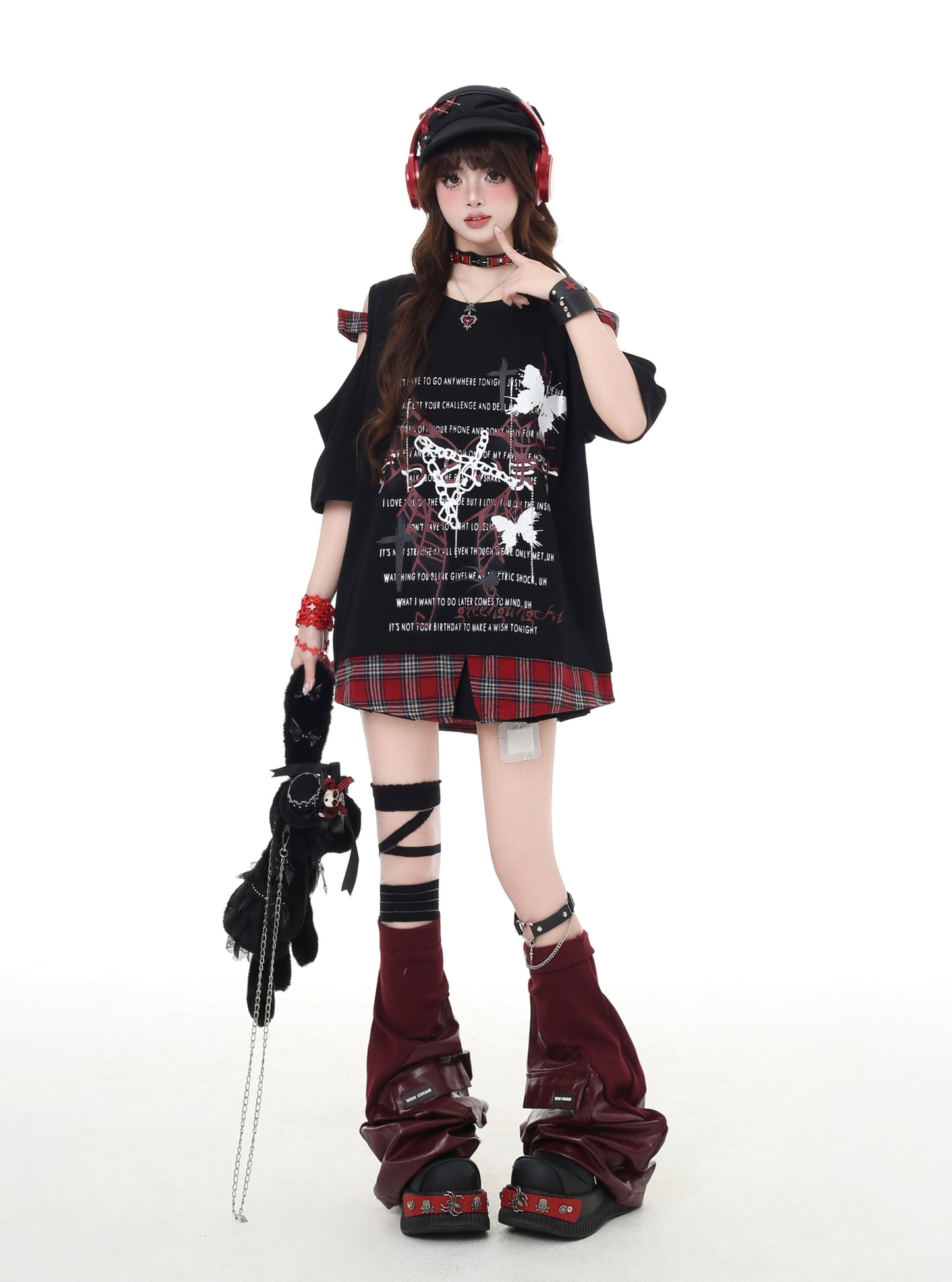パンク風チェック柄オープンショルダーゆったりTシャツ