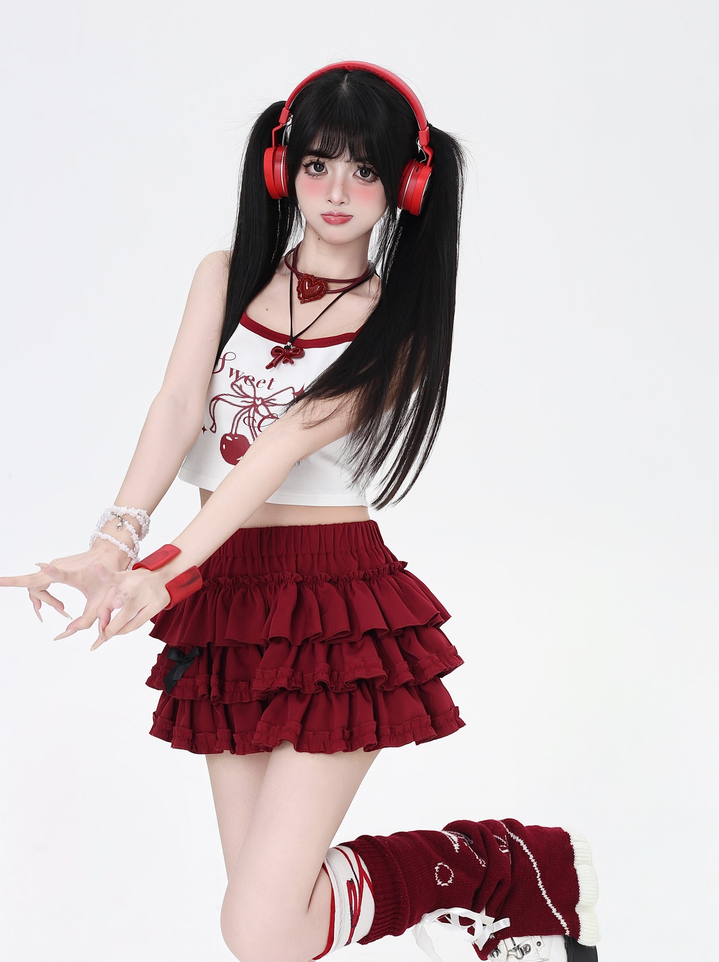 甘可愛いチェリー柄色分けキャミソール