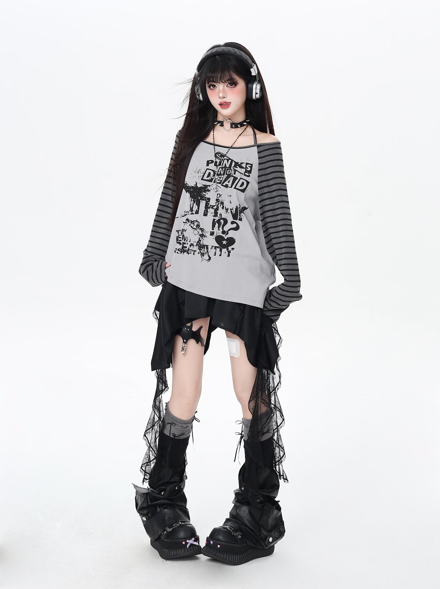 ロック系地雷ストライプホルターネック不規則Tシャツ秋
