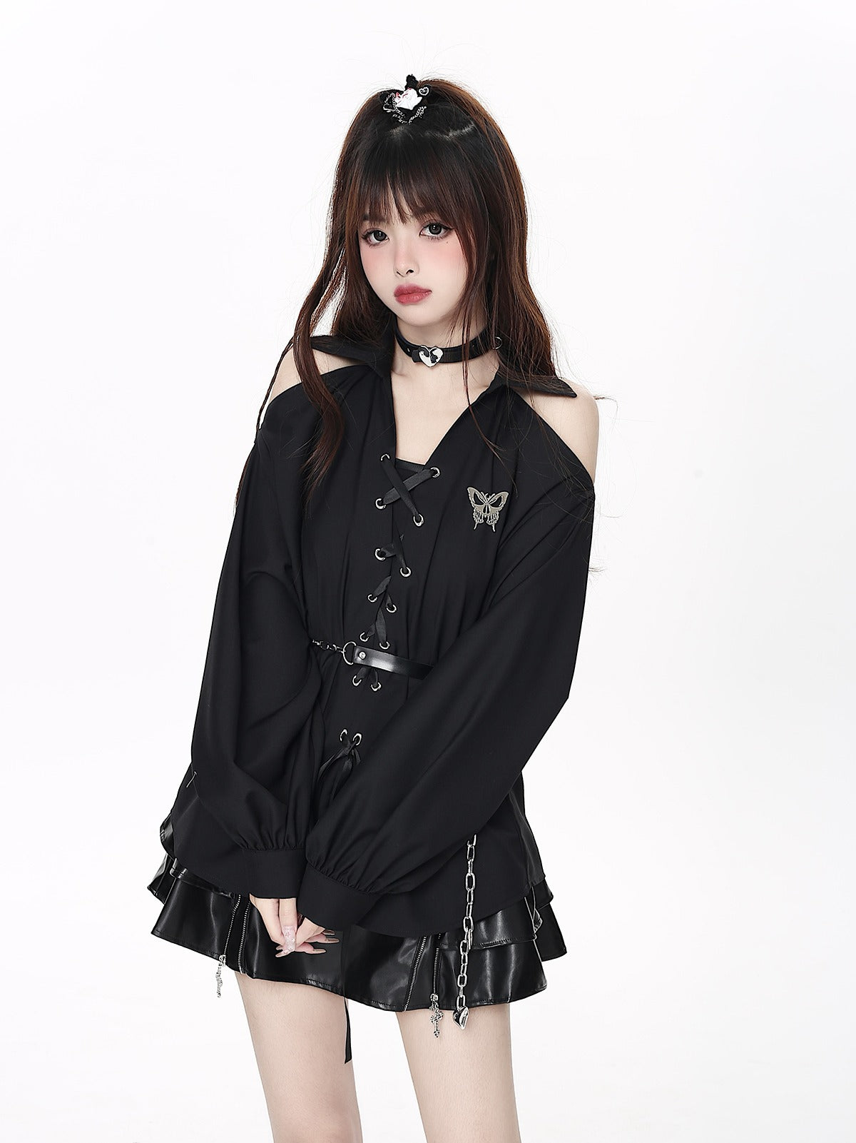 Long shirt with off-the-shoulder straps