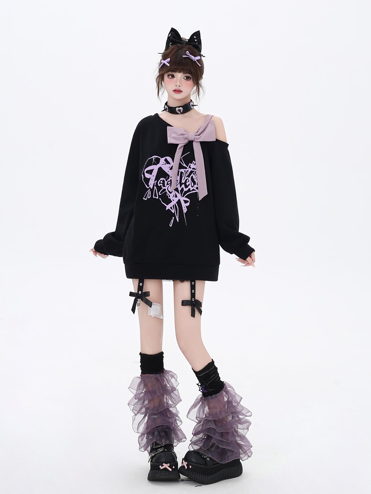 黒紫ビッグリボン露肩ロングスウェット