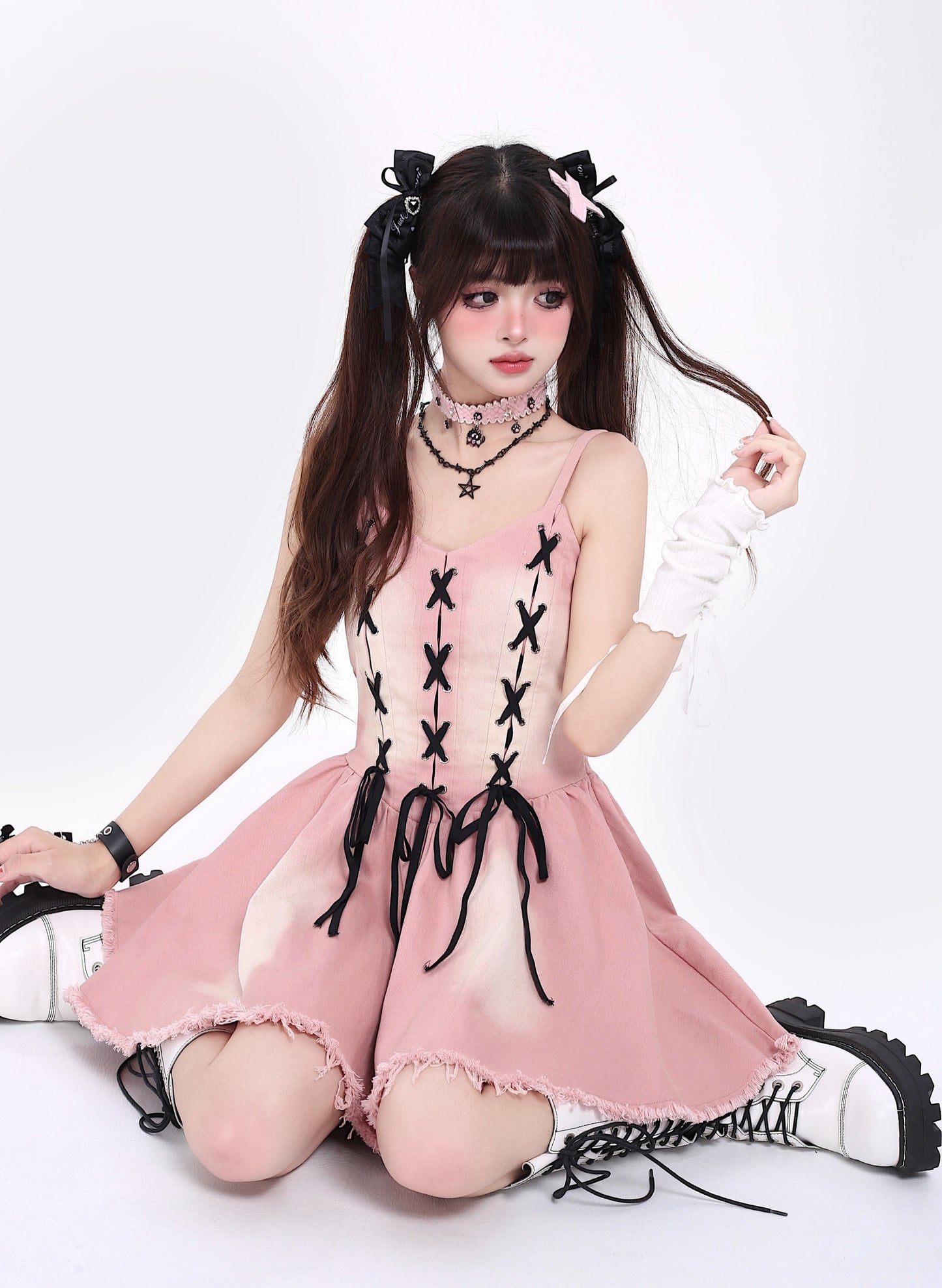 Retro denim ribbon waist dress
