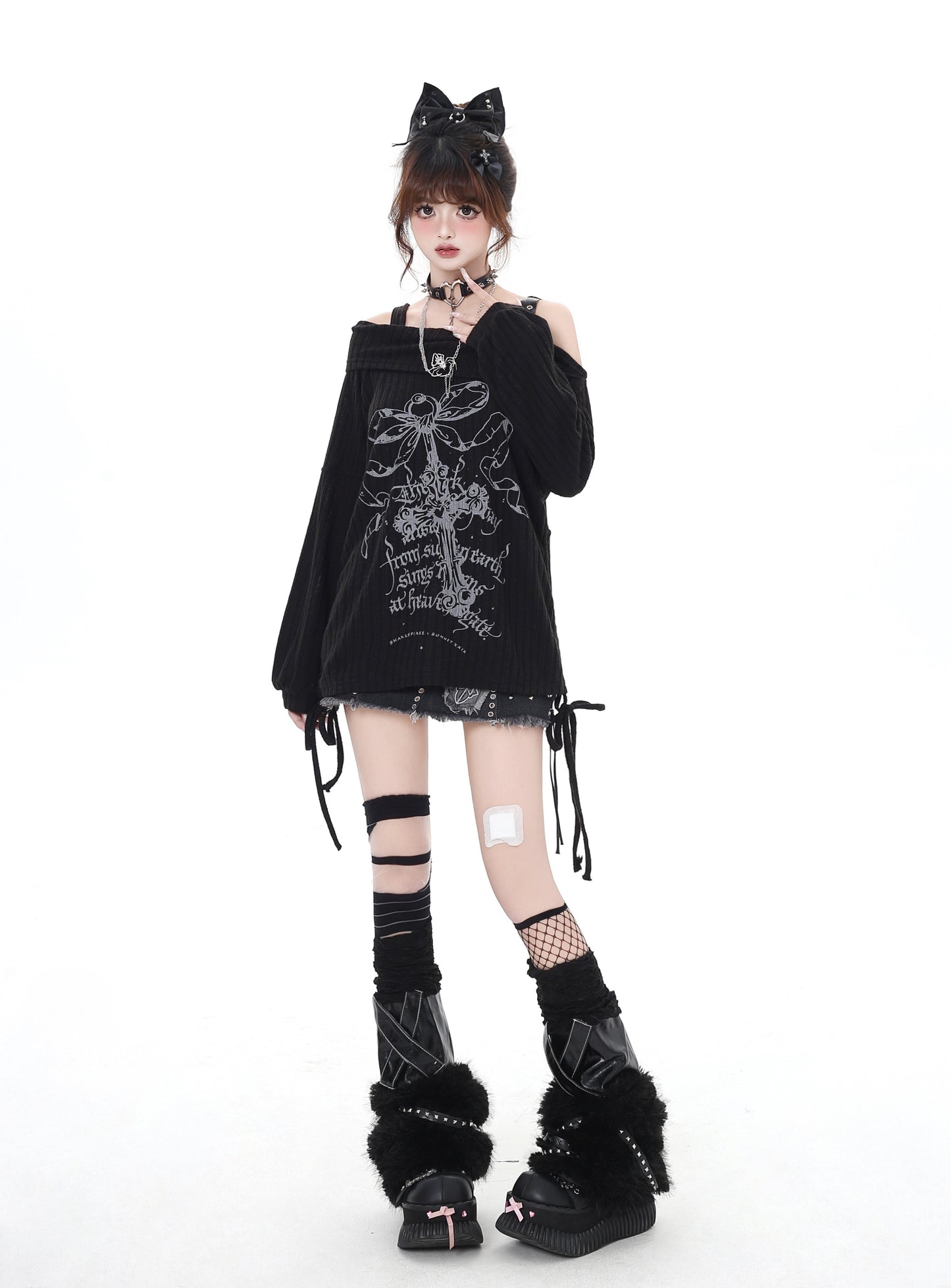 オフショルダー&ドローストリング長袖Tシャツ