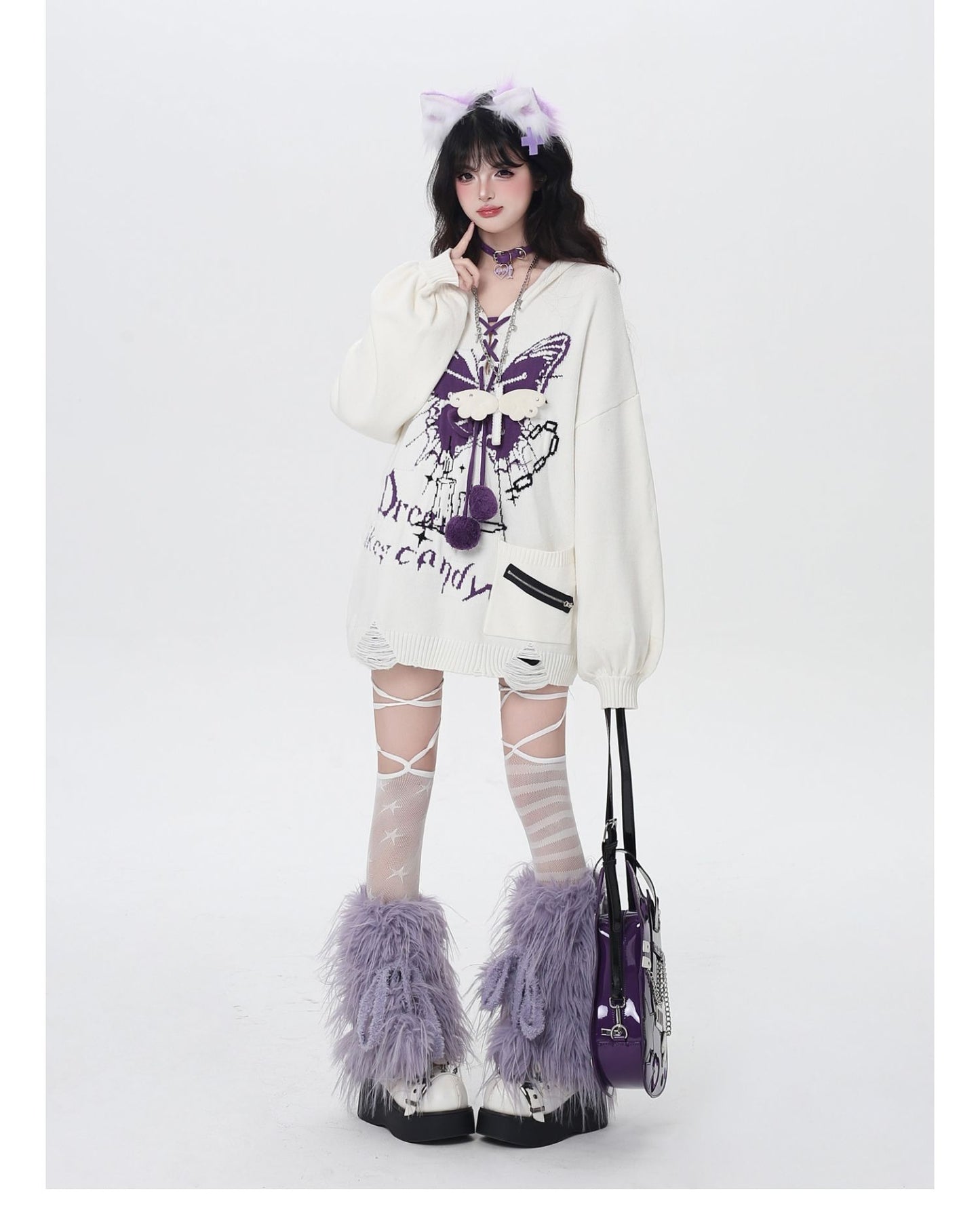 🦋Vネックリボンフーディゆる甘ニットカーデ