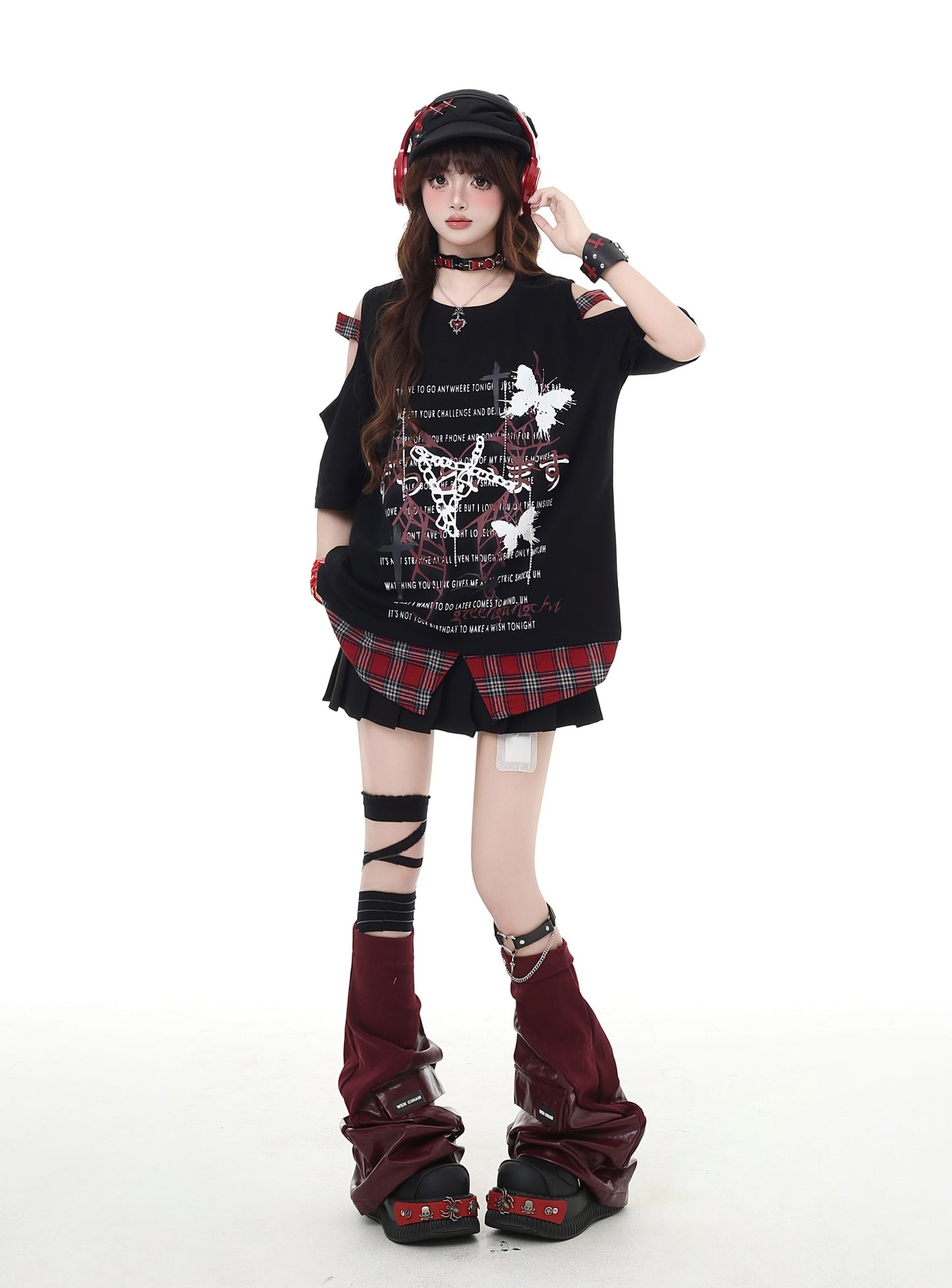 パンク風チェック柄オープンショルダーゆったりTシャツ