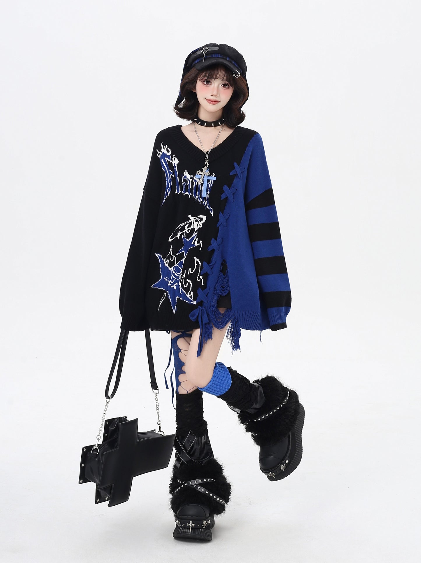 ゆるギャル系 Vネック配色リボンニット♡秋冬甘辛ミックス