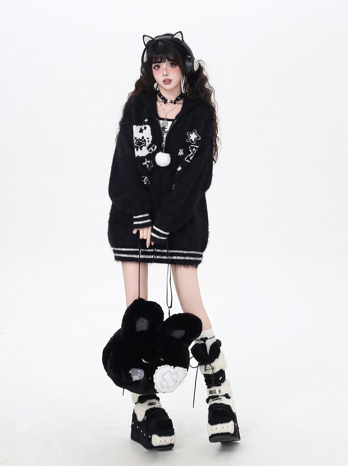 うさ耳フーディー付きゆるカワカーディガン秋冬