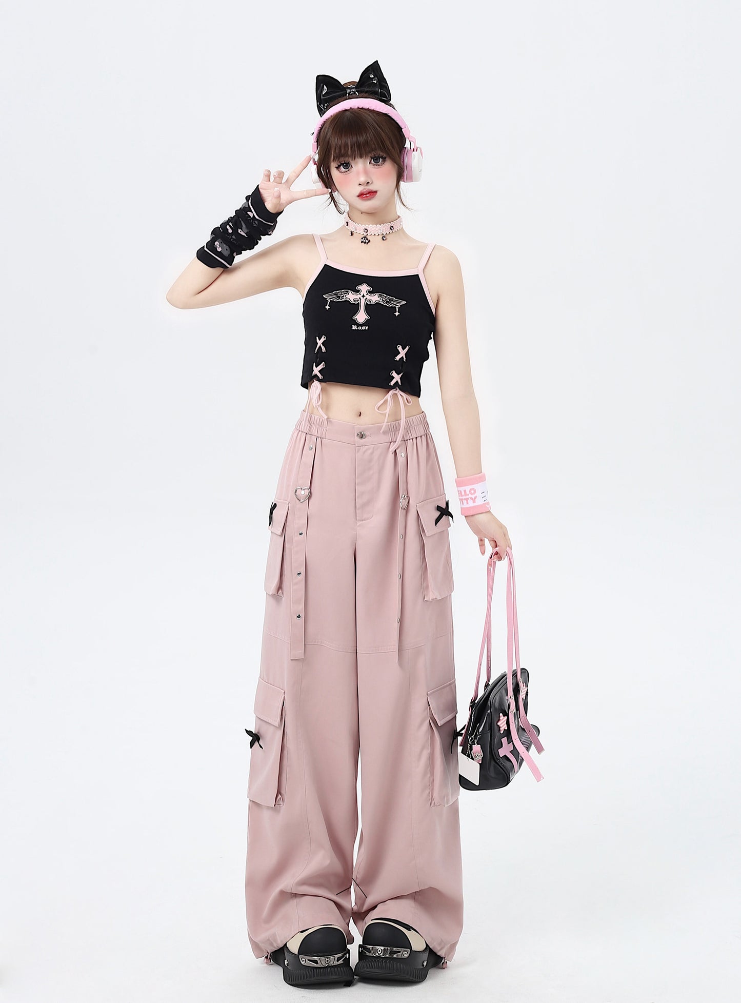 リボン付きのストレートワイドレッグワークパンツ