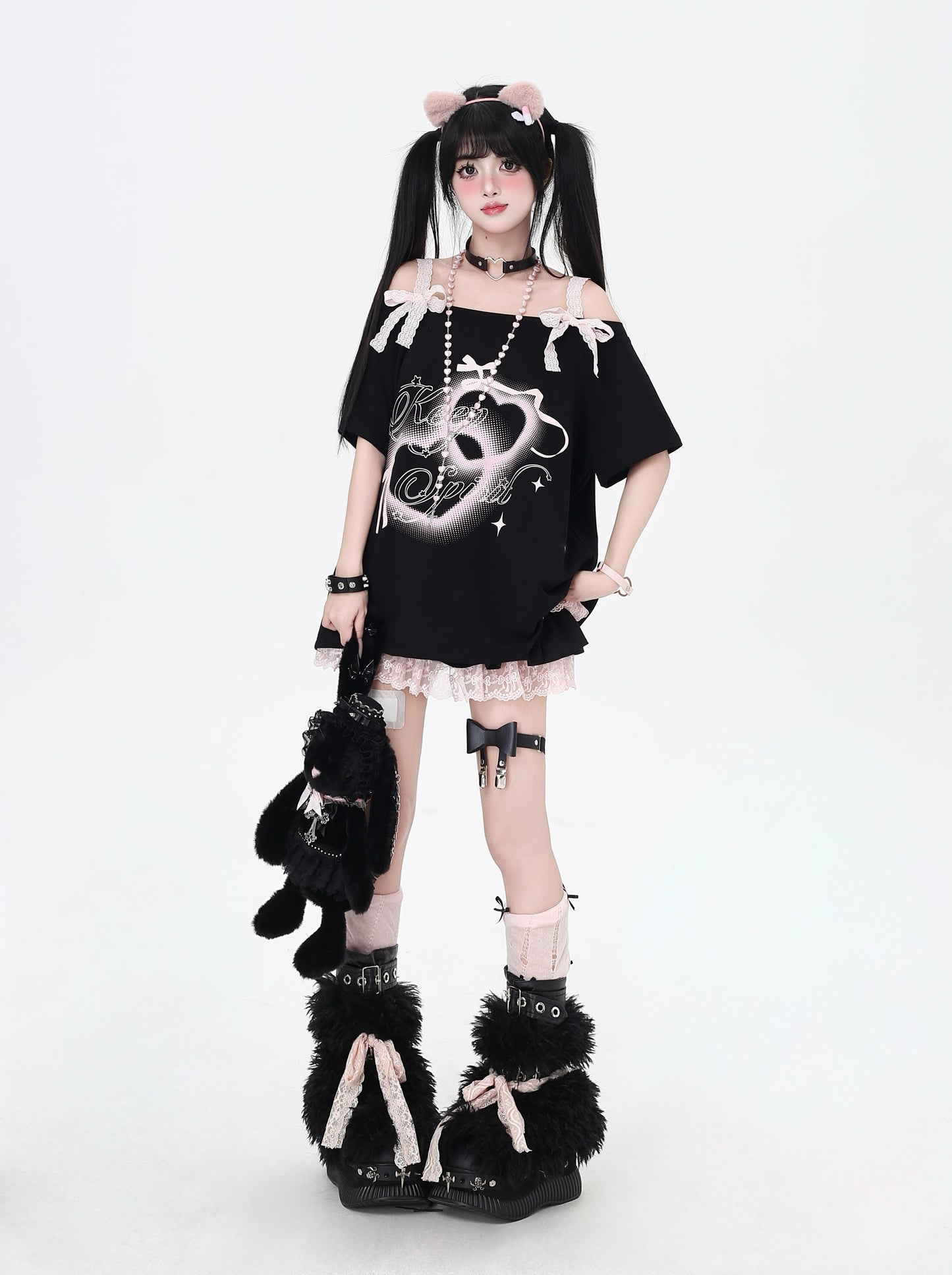 オフショルレースリボンTシャツ