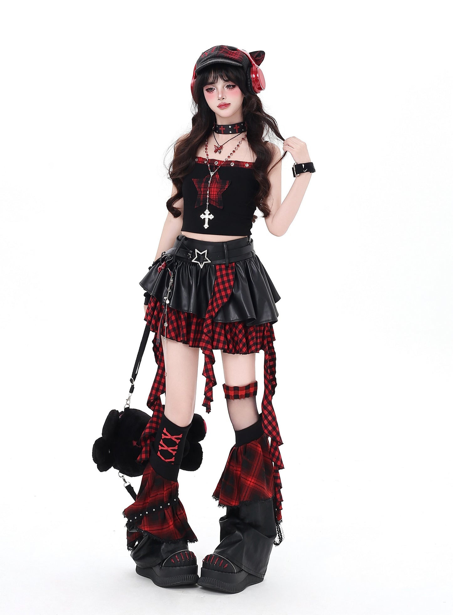 闇フリンジレザー アシメスカート