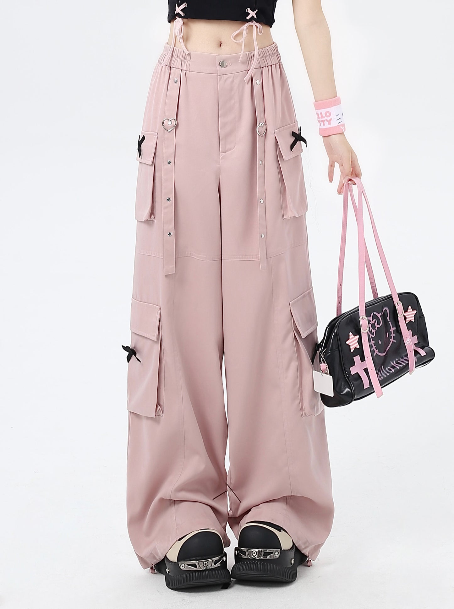 リボン付きのストレートワイドレッグワークパンツ
