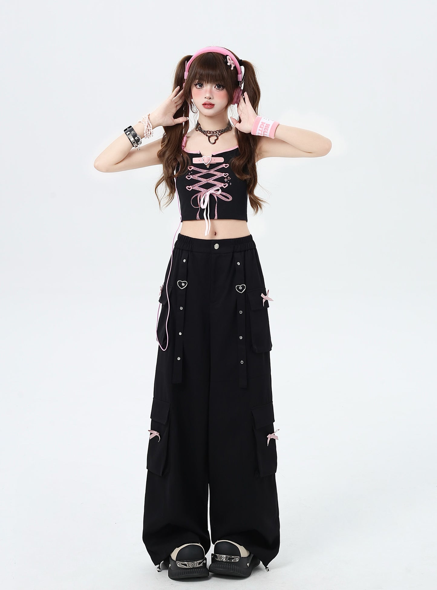 リボン付きのストレートワイドレッグワークパンツ