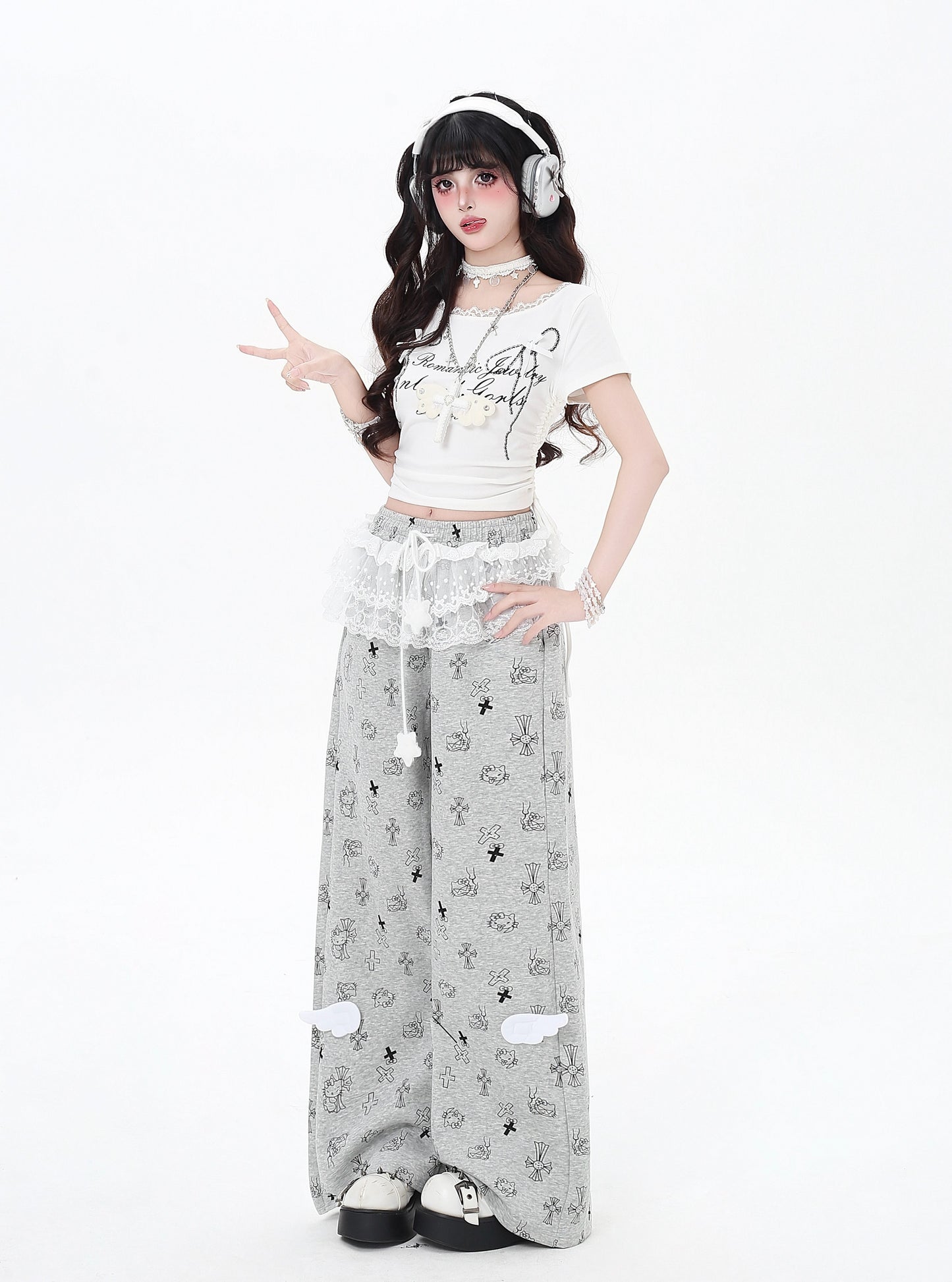 猫柄レーススウェットパンツ🖤ゆる甘ストリート