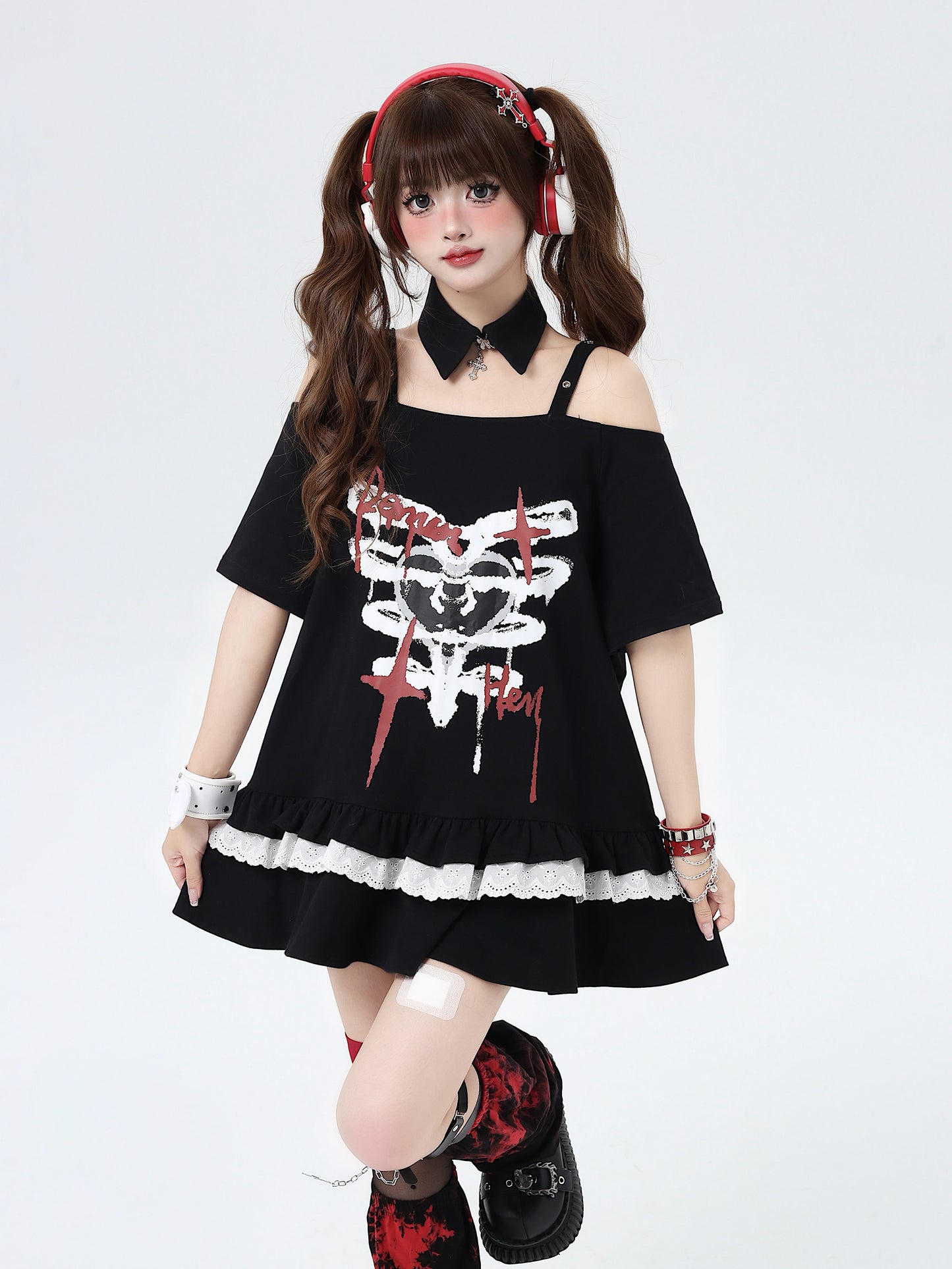 オフショルダー花柄レースミディアム丈Tシャツ(リボンプレゼント付き)