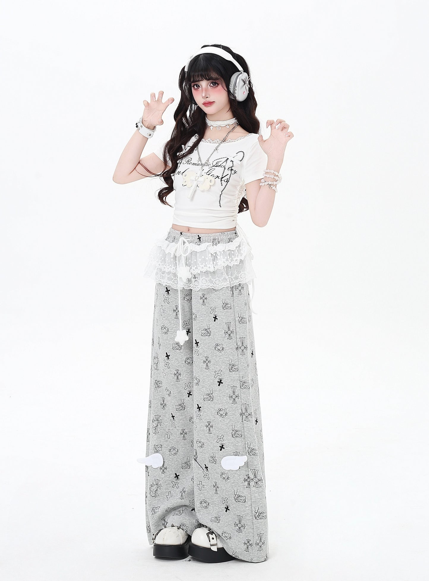 猫柄レーススウェットパンツ🖤ゆる甘ストリート