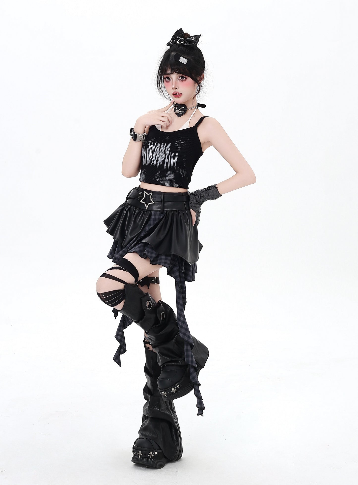 闇フリンジレザー アシメスカート