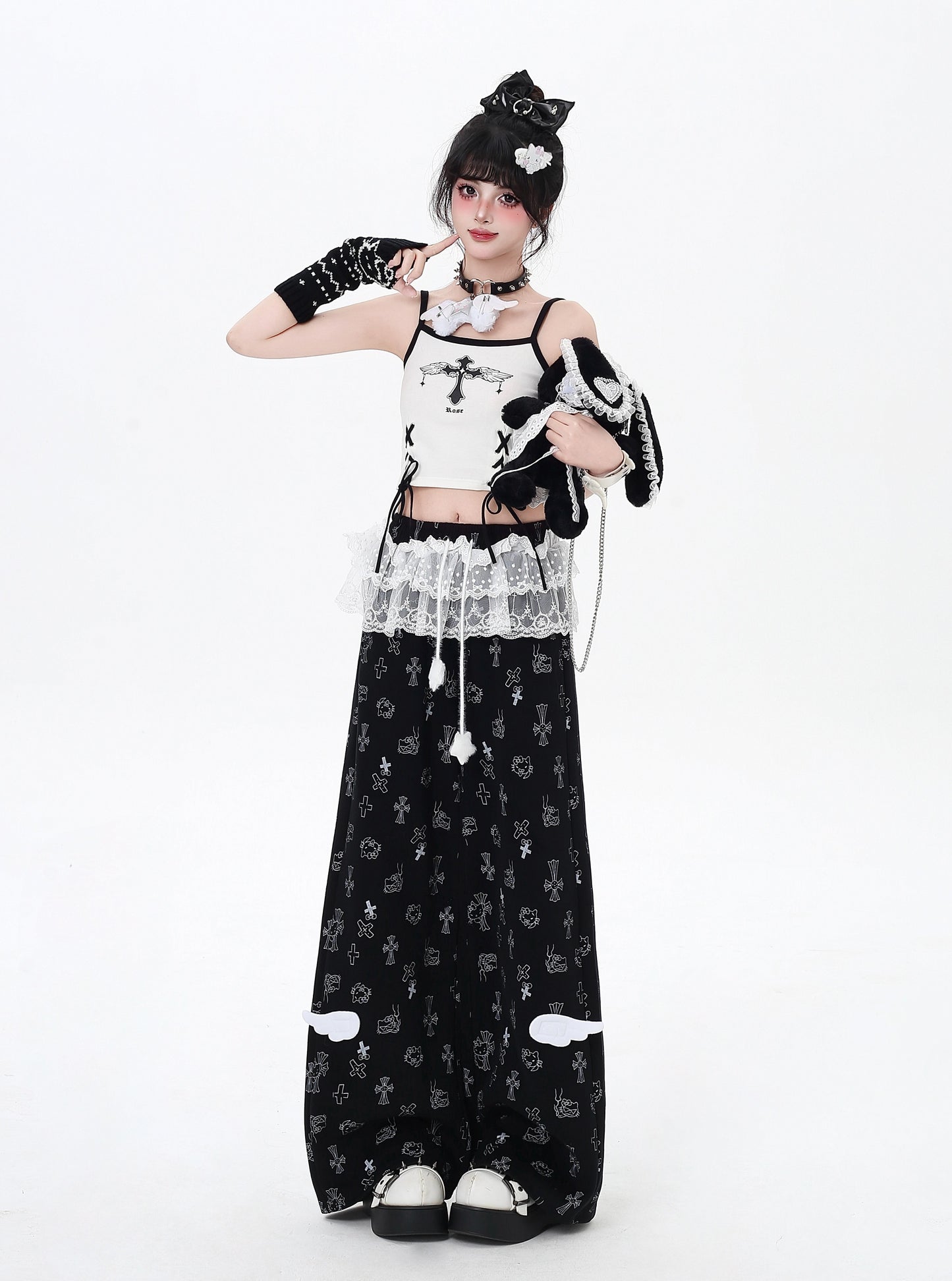 猫柄レーススウェットパンツ🖤ゆる甘ストリート
