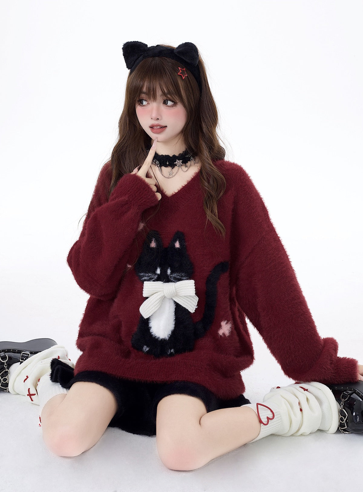 Fluffy ribbon cat autumn/winter loose inner knit