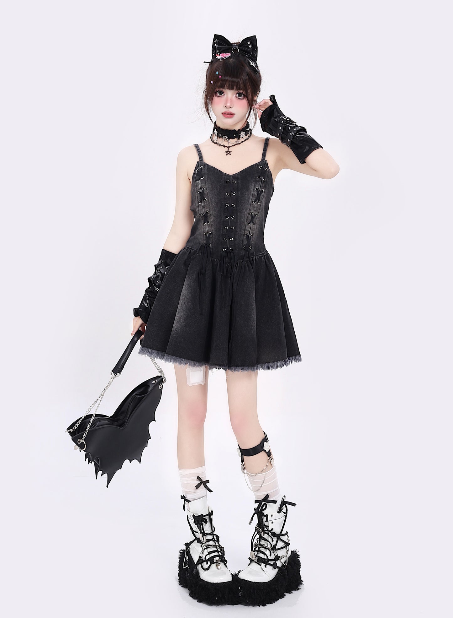 Retro denim ribbon waist dress