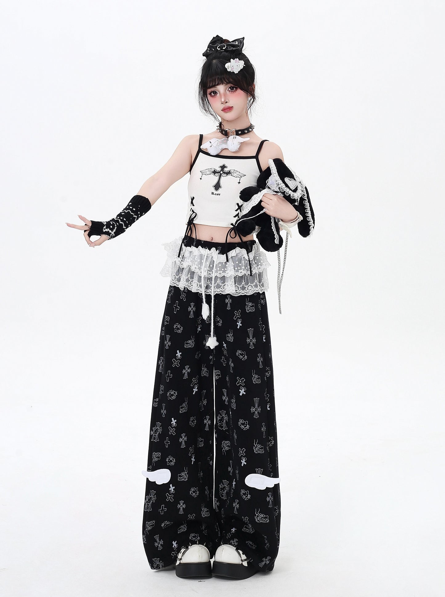 猫柄レーススウェットパンツ🖤ゆる甘ストリート