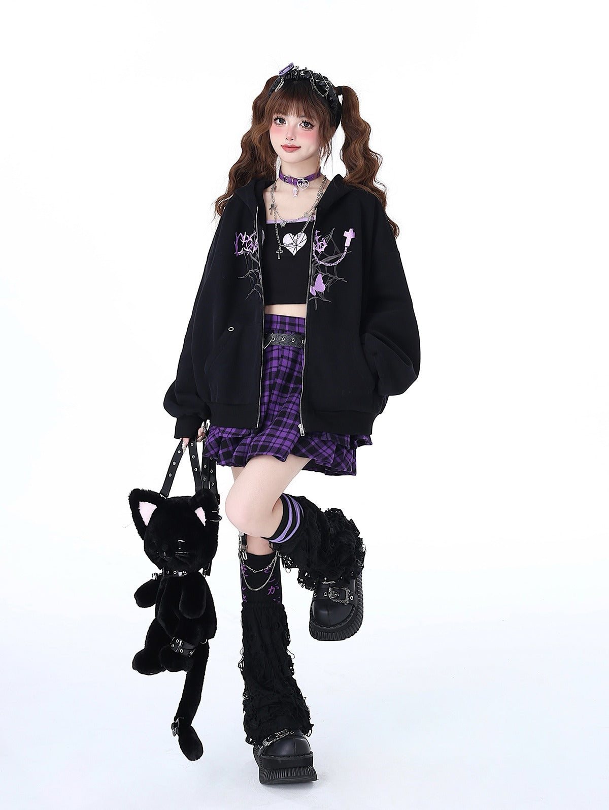 ゆったりフードつきパーカー、スパイダーウェブと蝶のデザイン