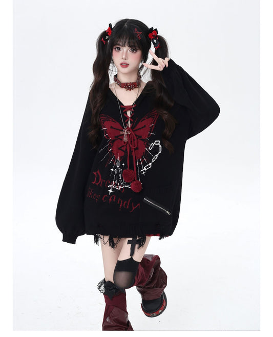 🦋Vネックリボンフーディゆる甘ニットカーデ