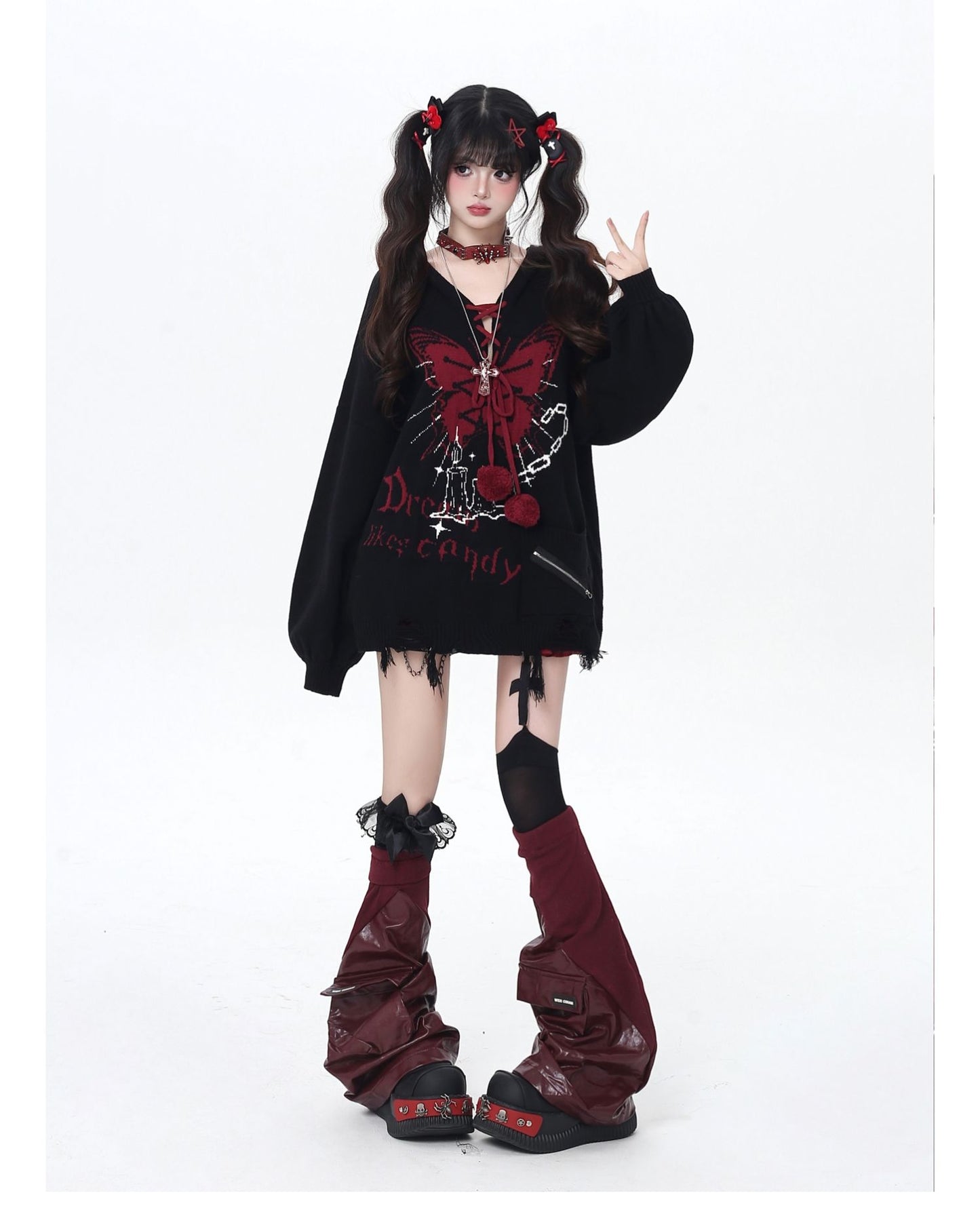 🦋Vネックリボンフーディゆる甘ニットカーデ