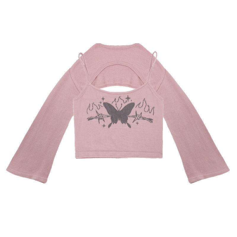 蝶のレースアップ2点セットニットトップス