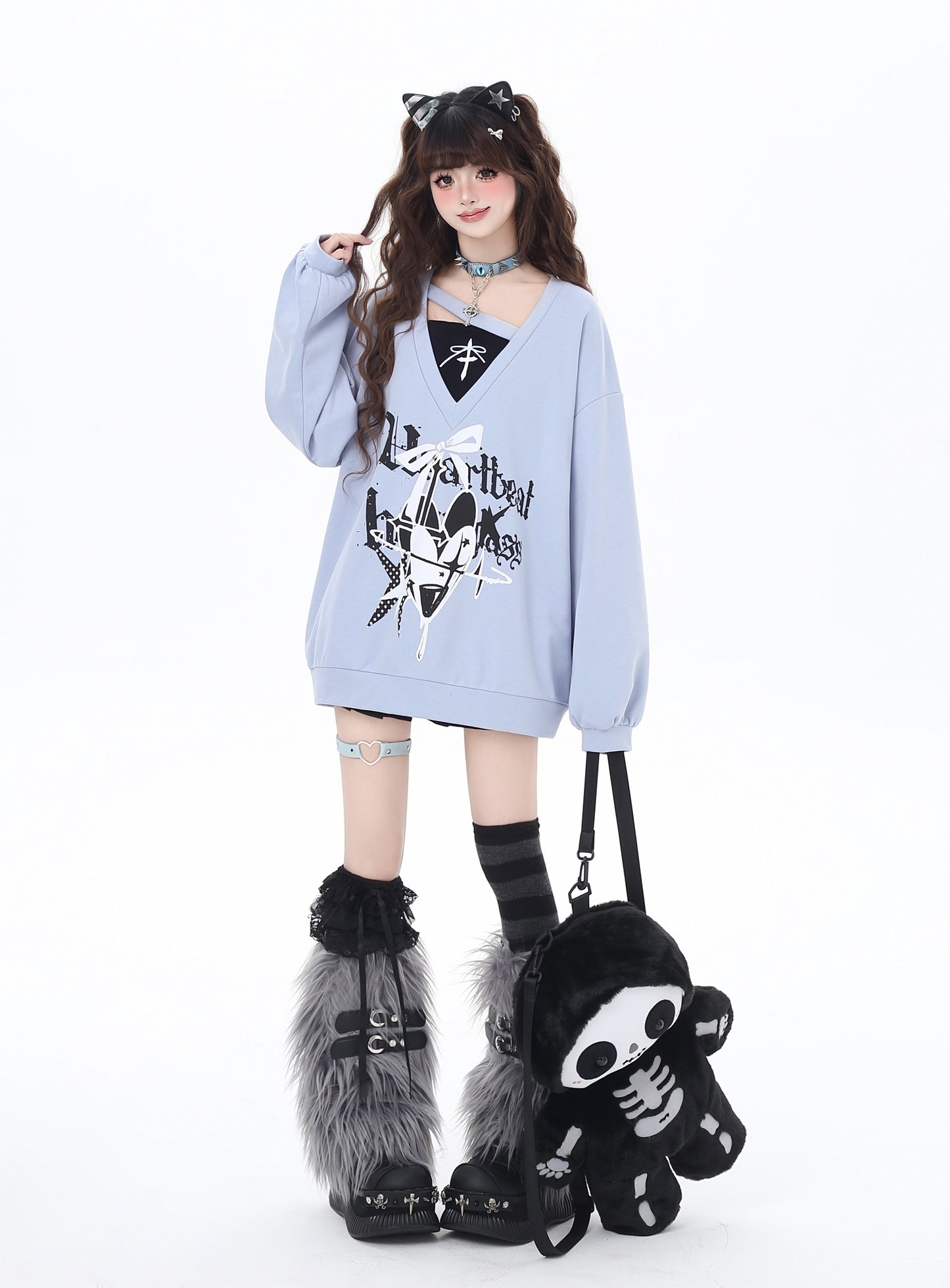 蝶結びVネック重ね着風デザインゆるふわスウェット