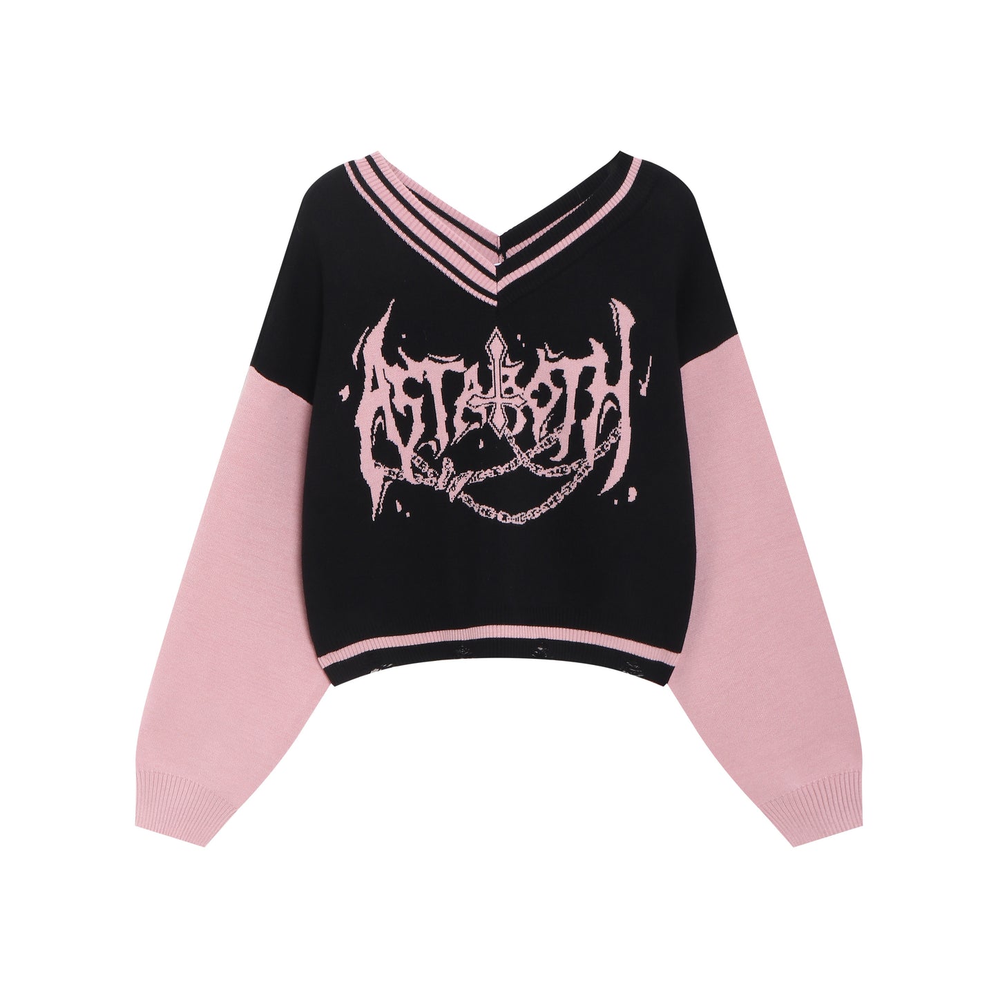 Black and pink V-neck off-shoulder sweater