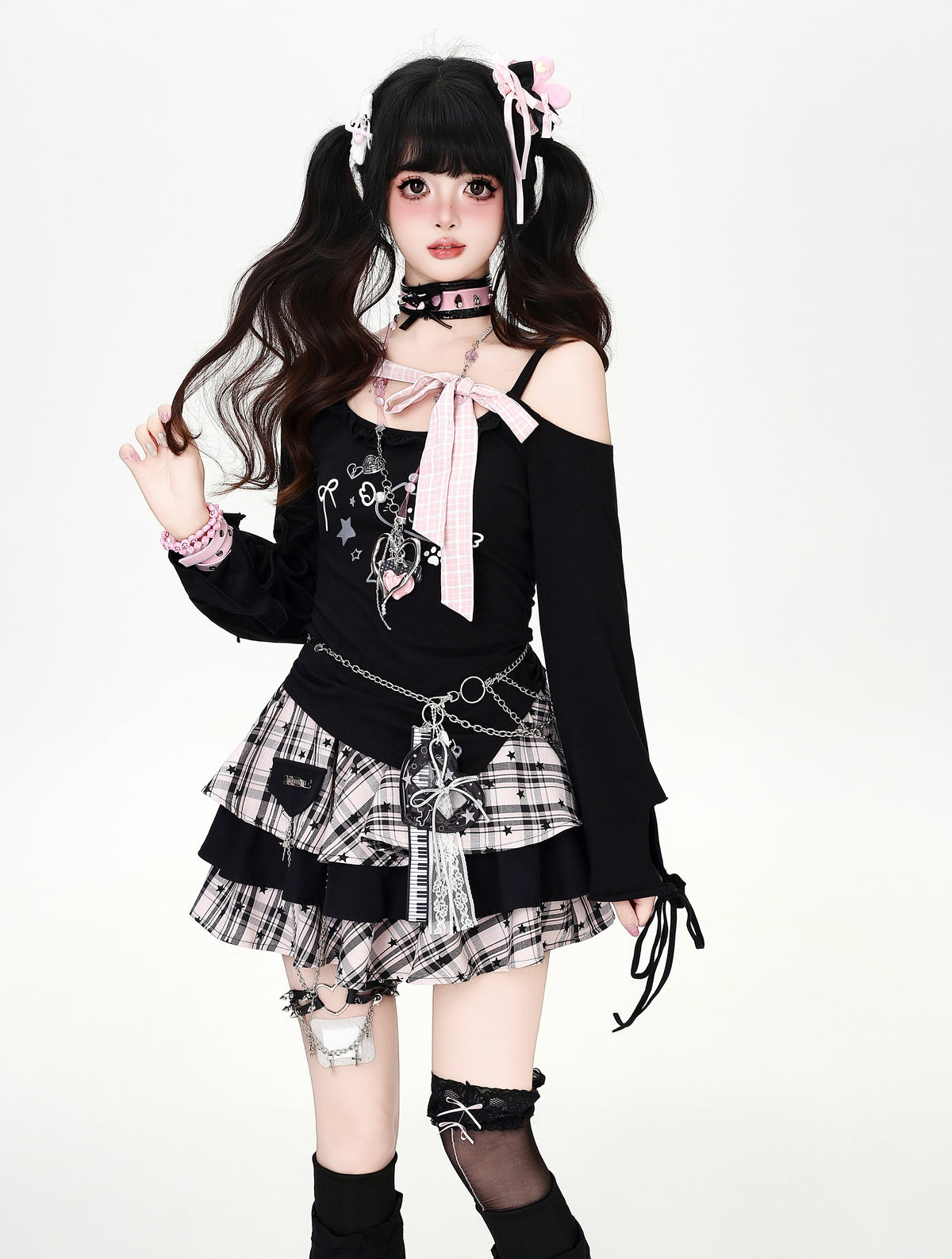リボンレースアップオフショルロンT