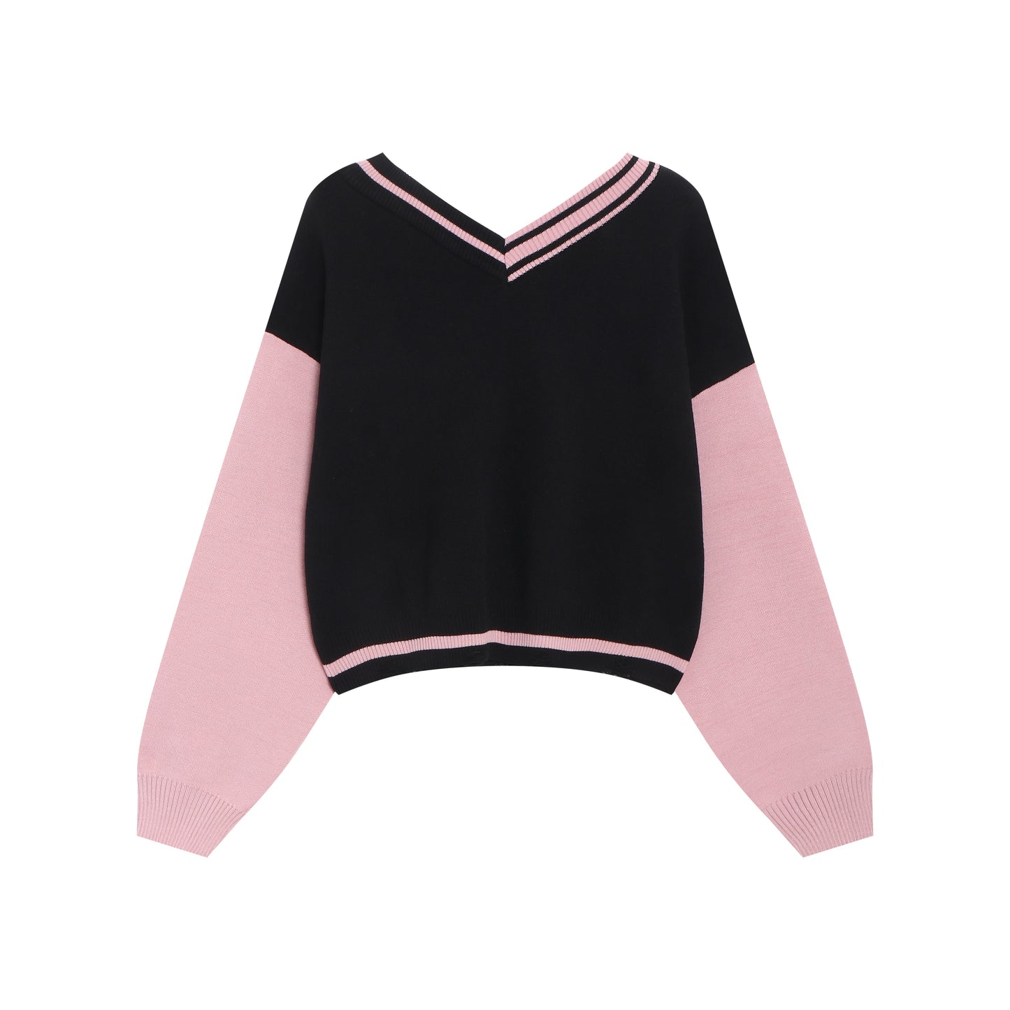 Black and pink V-neck off-shoulder sweater