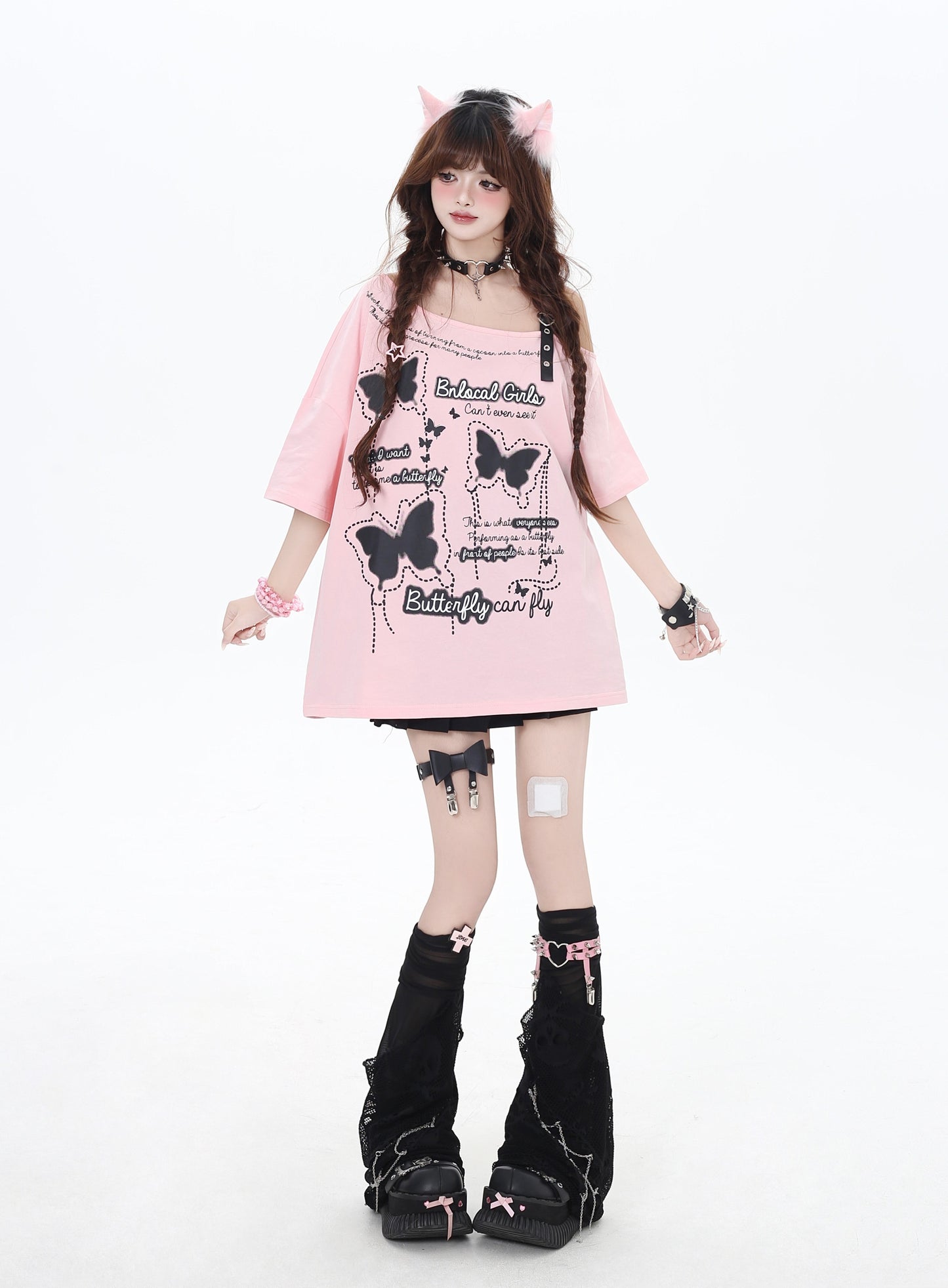 蝶々モチーフオフショルダーTシャツ