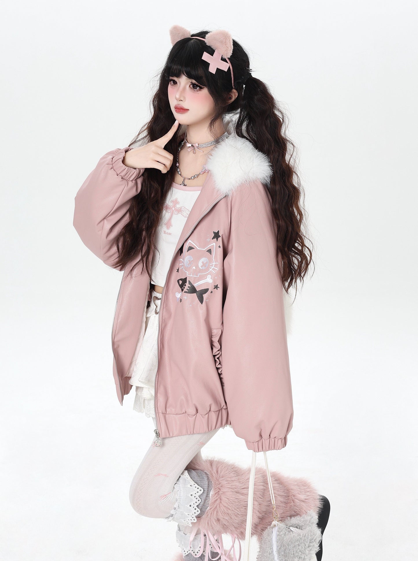 うさ耳フード付き 中綿レザーブルゾン