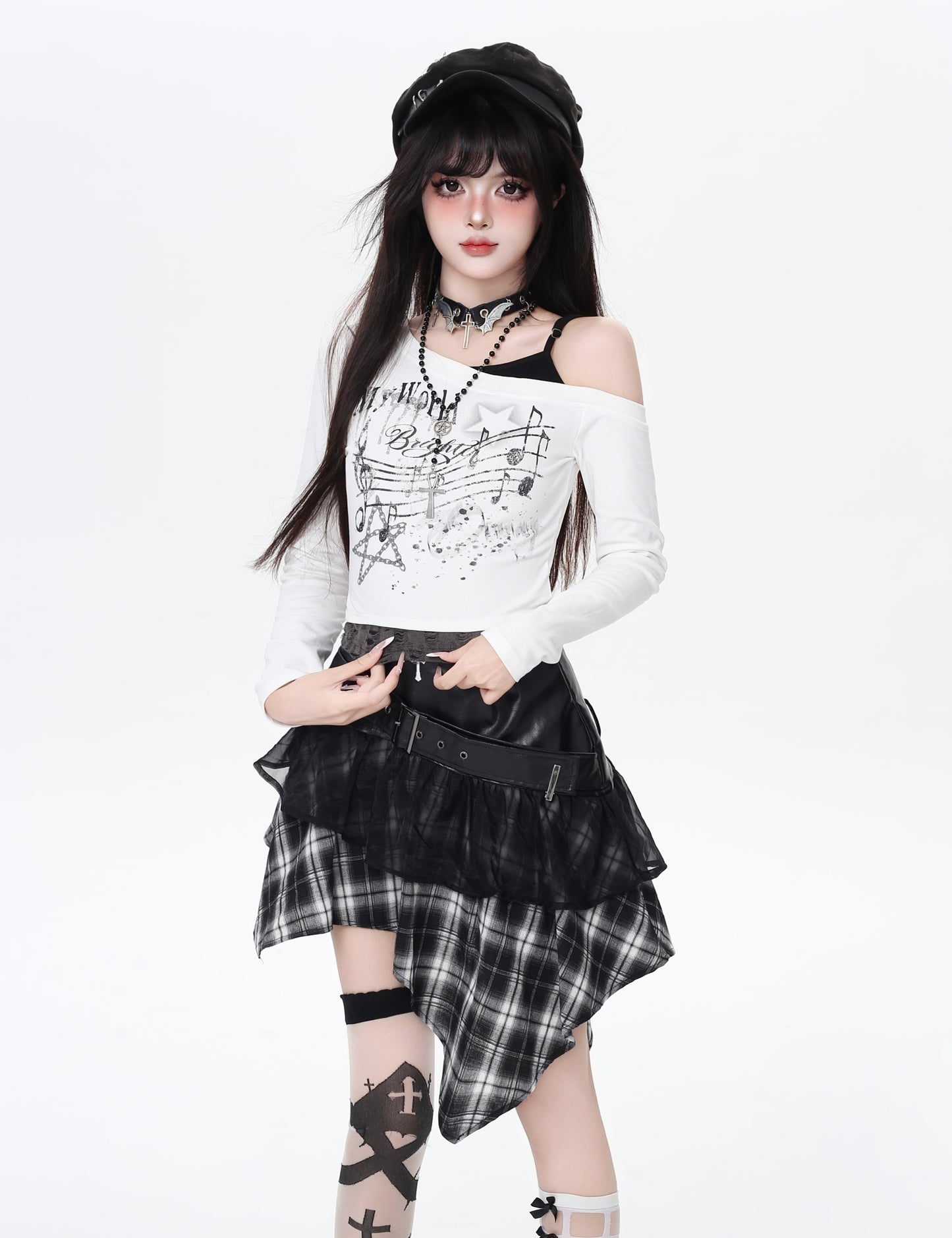 甘辛ゆる地雷Y2Kチェック切替リバーシブルフェイクレザースカート