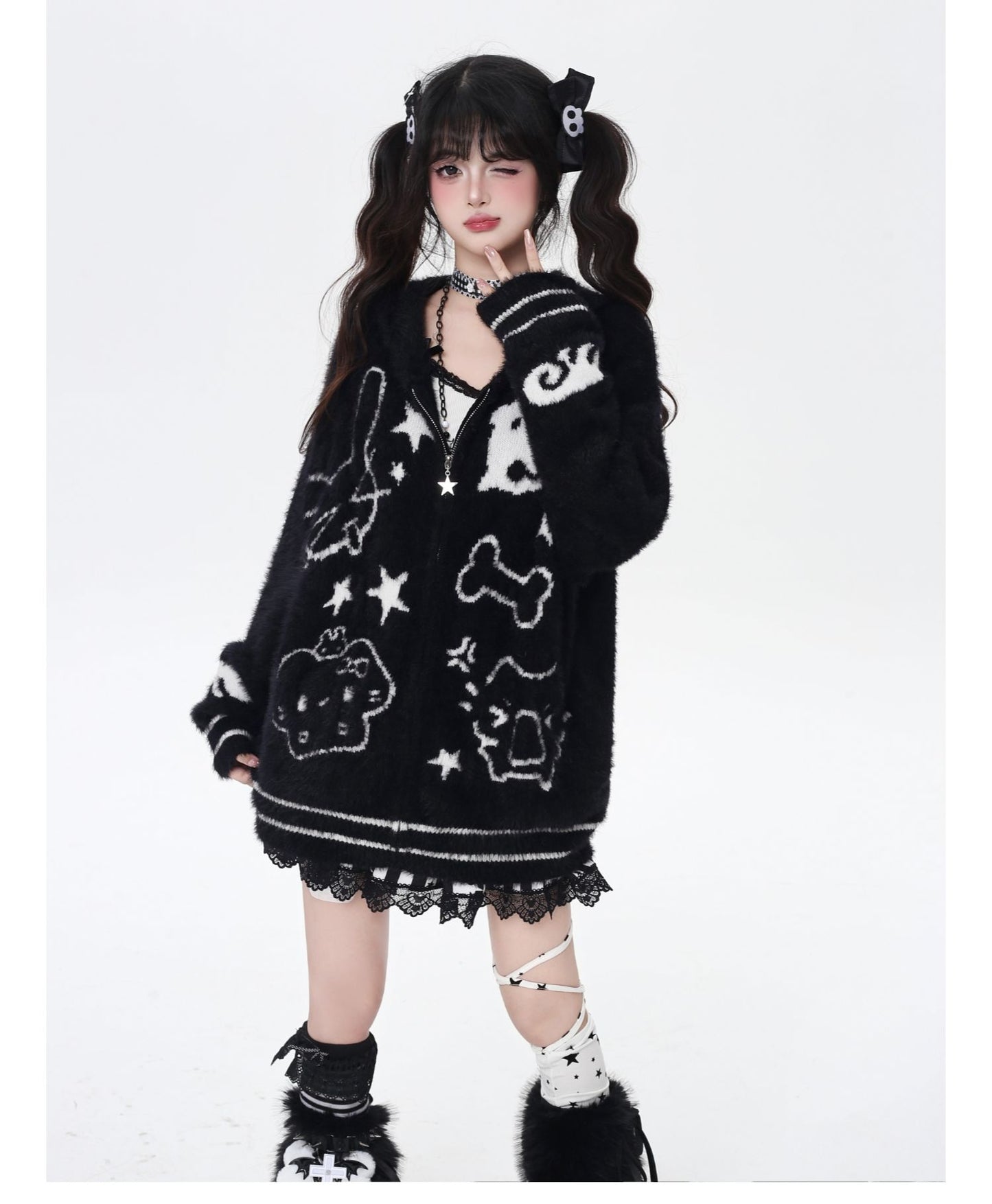 ゆるアニマルパーカー風カーデ/秋冬ゆる地雷コーデ